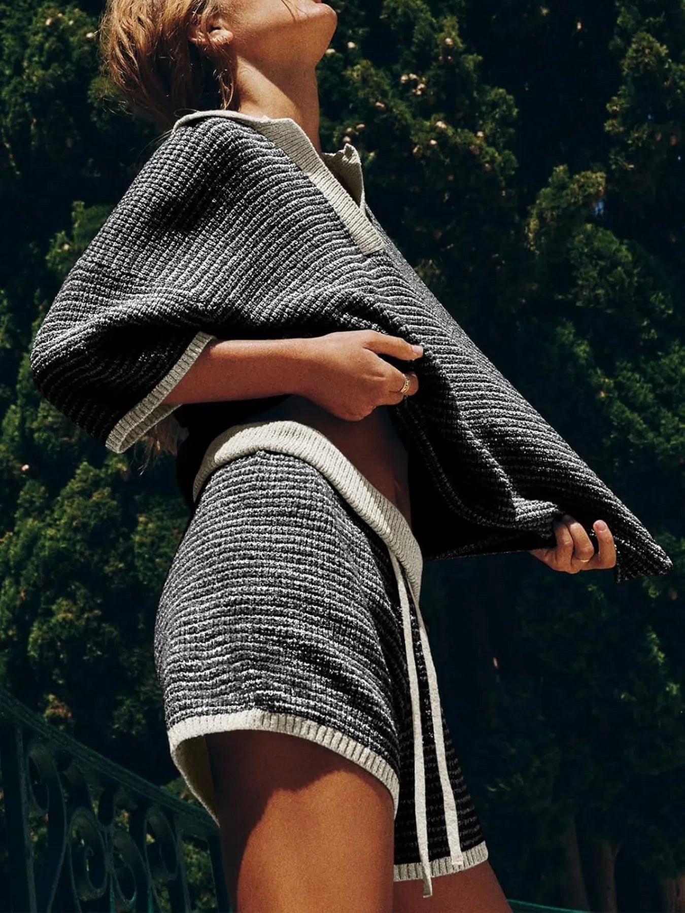 Fashorio Collared Neck Contrast Striped Top and Shorts Sweater Set