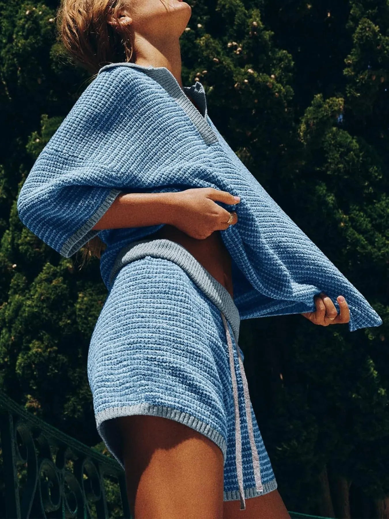 Fashorio Collared Neck Contrast Striped Top and Shorts Sweater Set