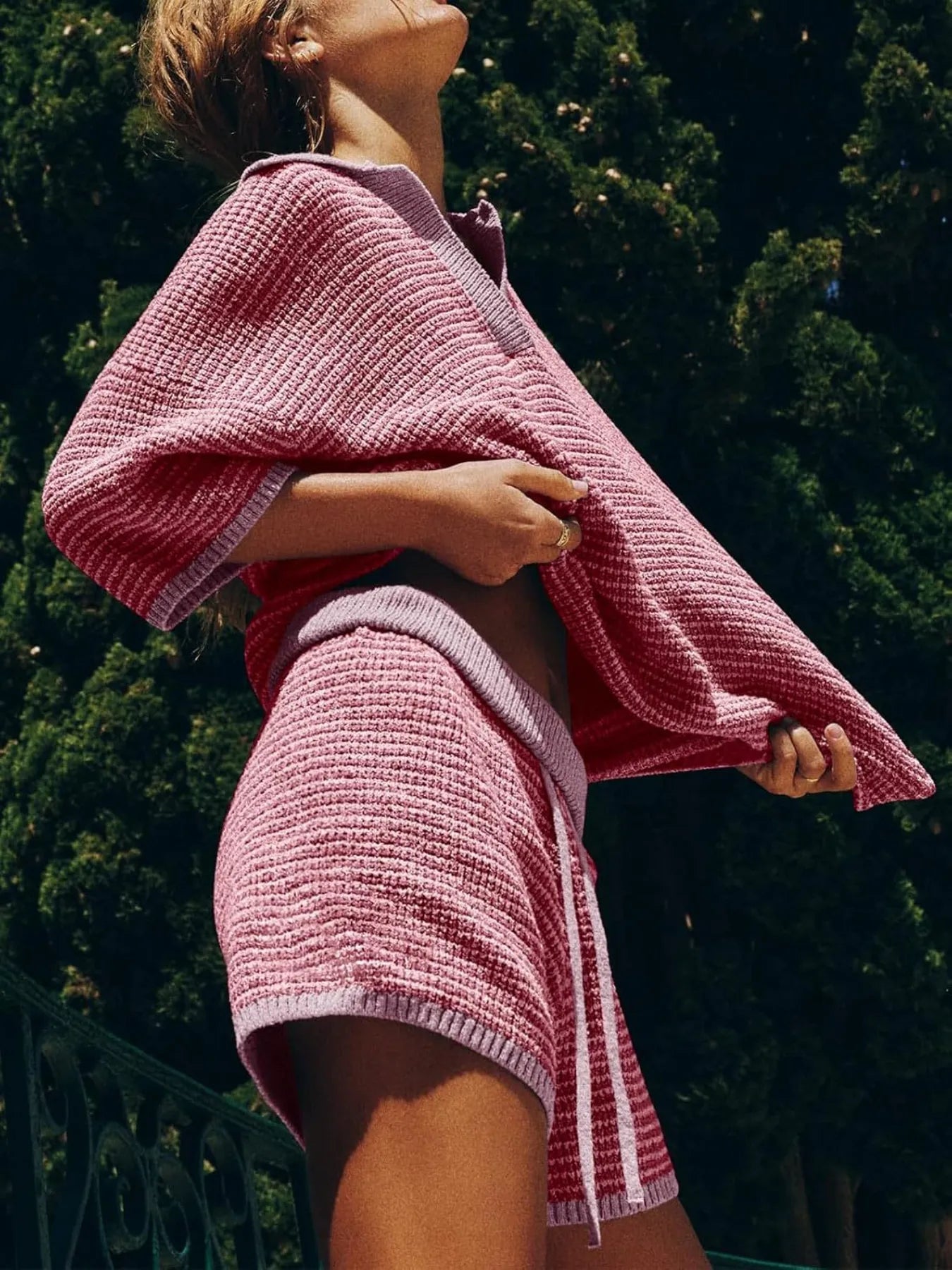 Fashorio Collared Neck Contrast Striped Top and Shorts Sweater Set