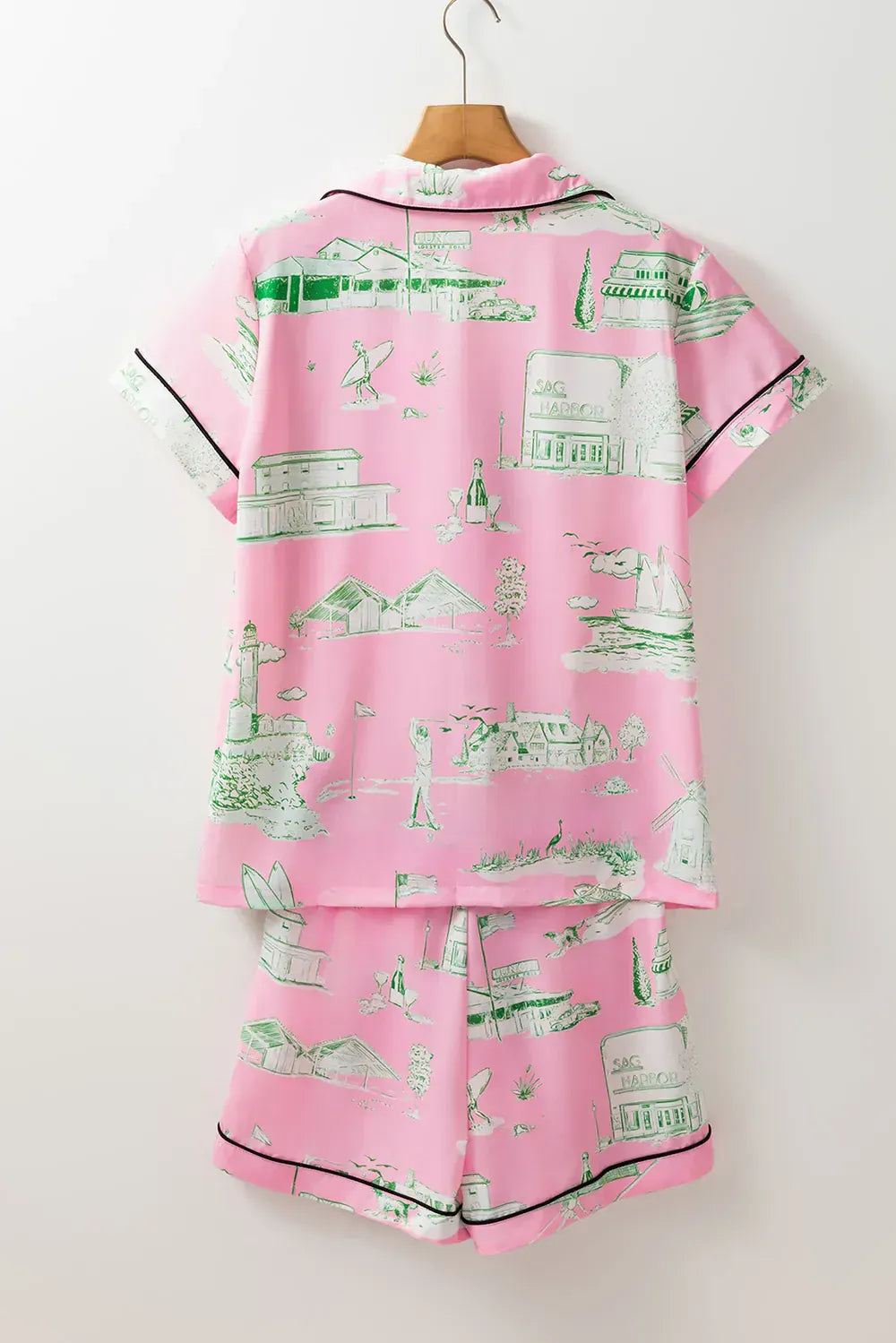 Fashorio Collared Neck Printed Top and Drawstring Shorts Lounge Set