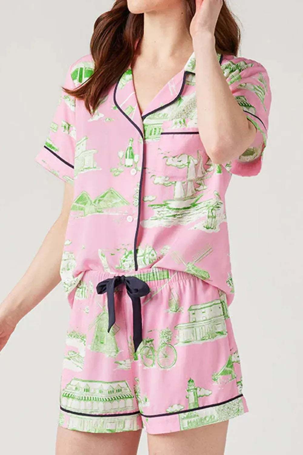 Fashorio Collared Neck Printed Top and Drawstring Shorts Lounge Set