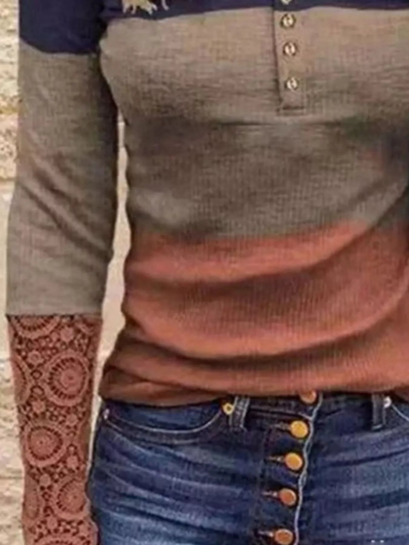 Fashorio Color Block Lace Detail Half Button T-Shirt