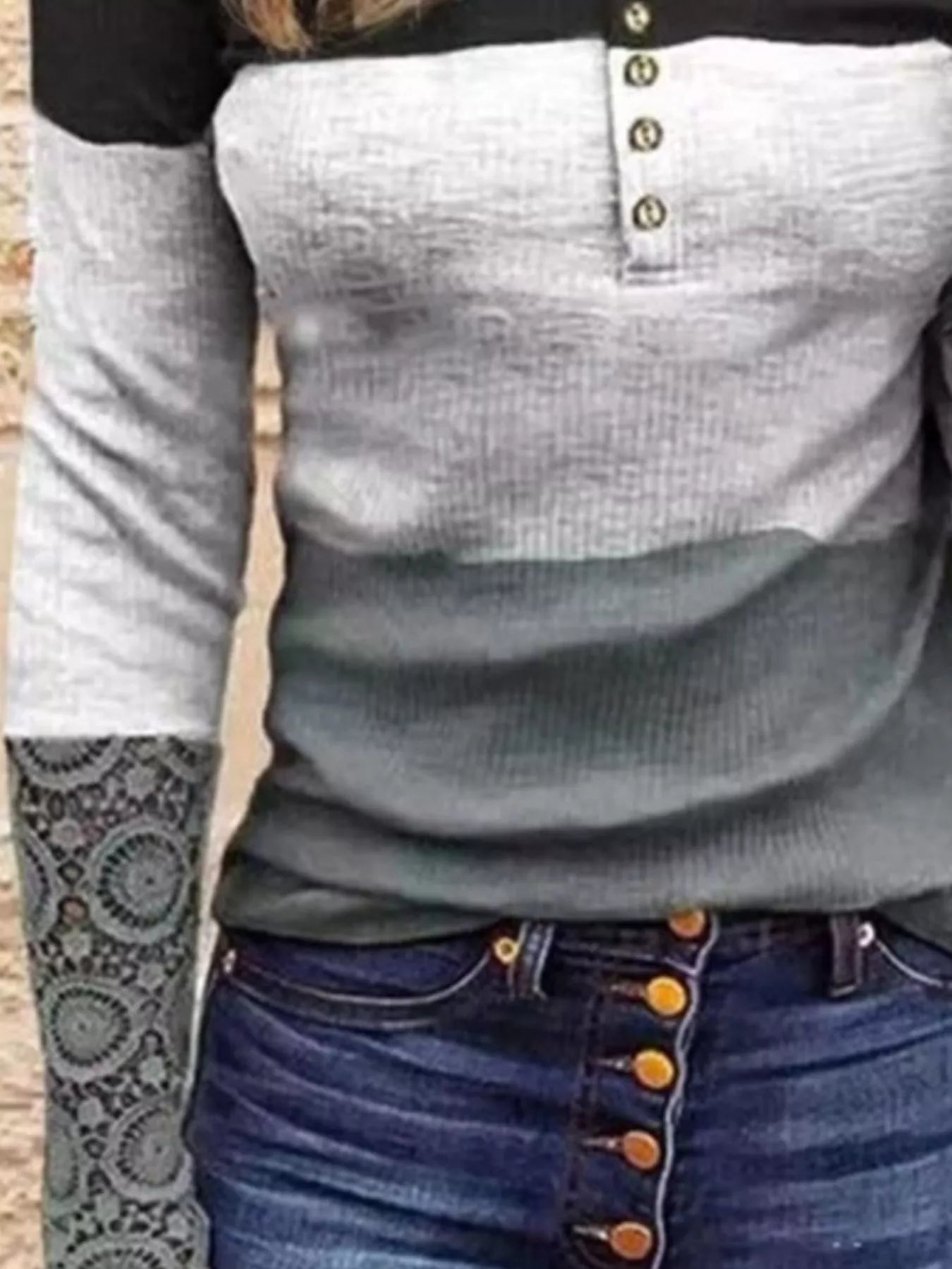 Fashorio Color Block Lace Detail Half Button T-Shirt