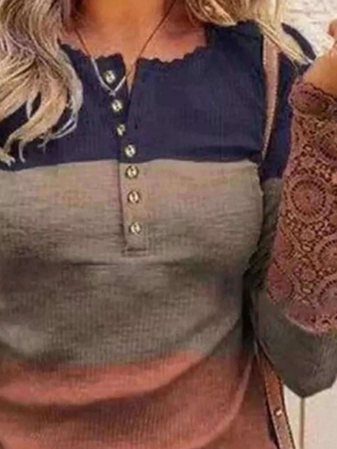 Fashorio Color Block Lace Detail Half Button T-Shirt