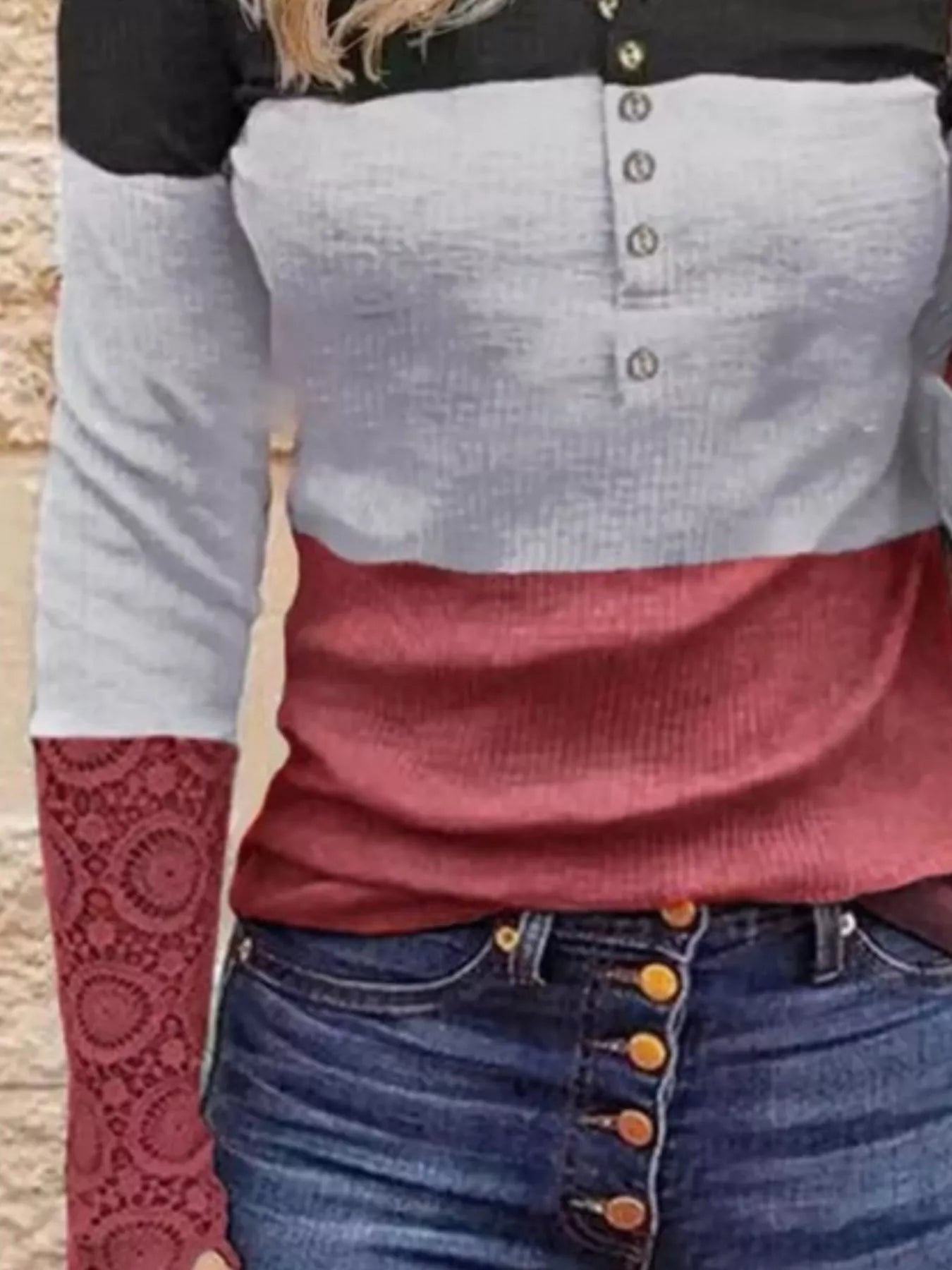 Fashorio Color Block Lace Detail Half Button T-Shirt