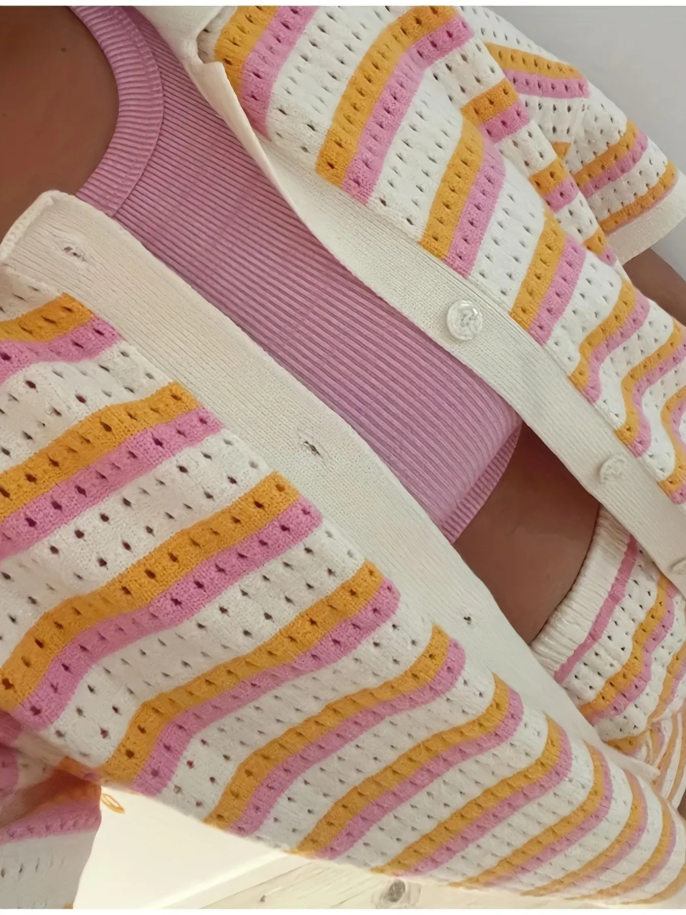 Fashorio Colorful Striped Button Up Top and Shorts Sweater Set