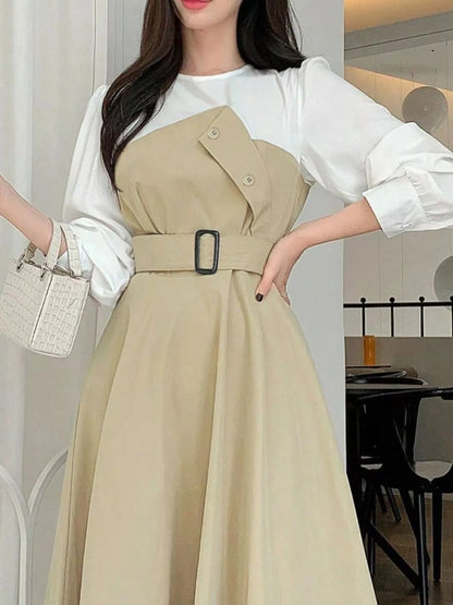 Contrast Long Sleeve Midi Dress with Belted - Fashorio