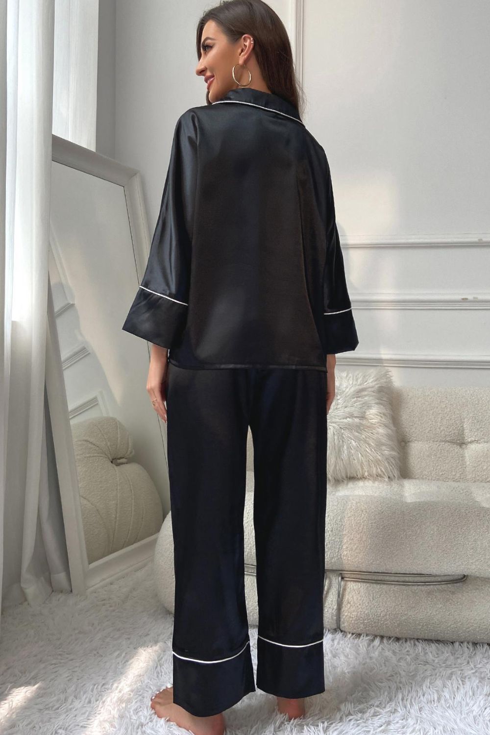 Fashorio Contrast Piping Button-Up Top and Pants Pajama Set