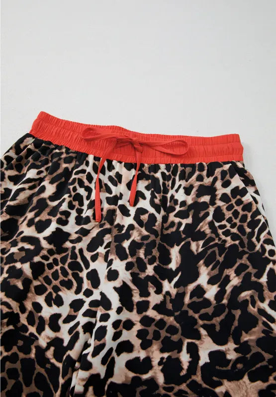 Fashorio Contrast Trim Leopard Round Neck Top and Pants Lounge Set