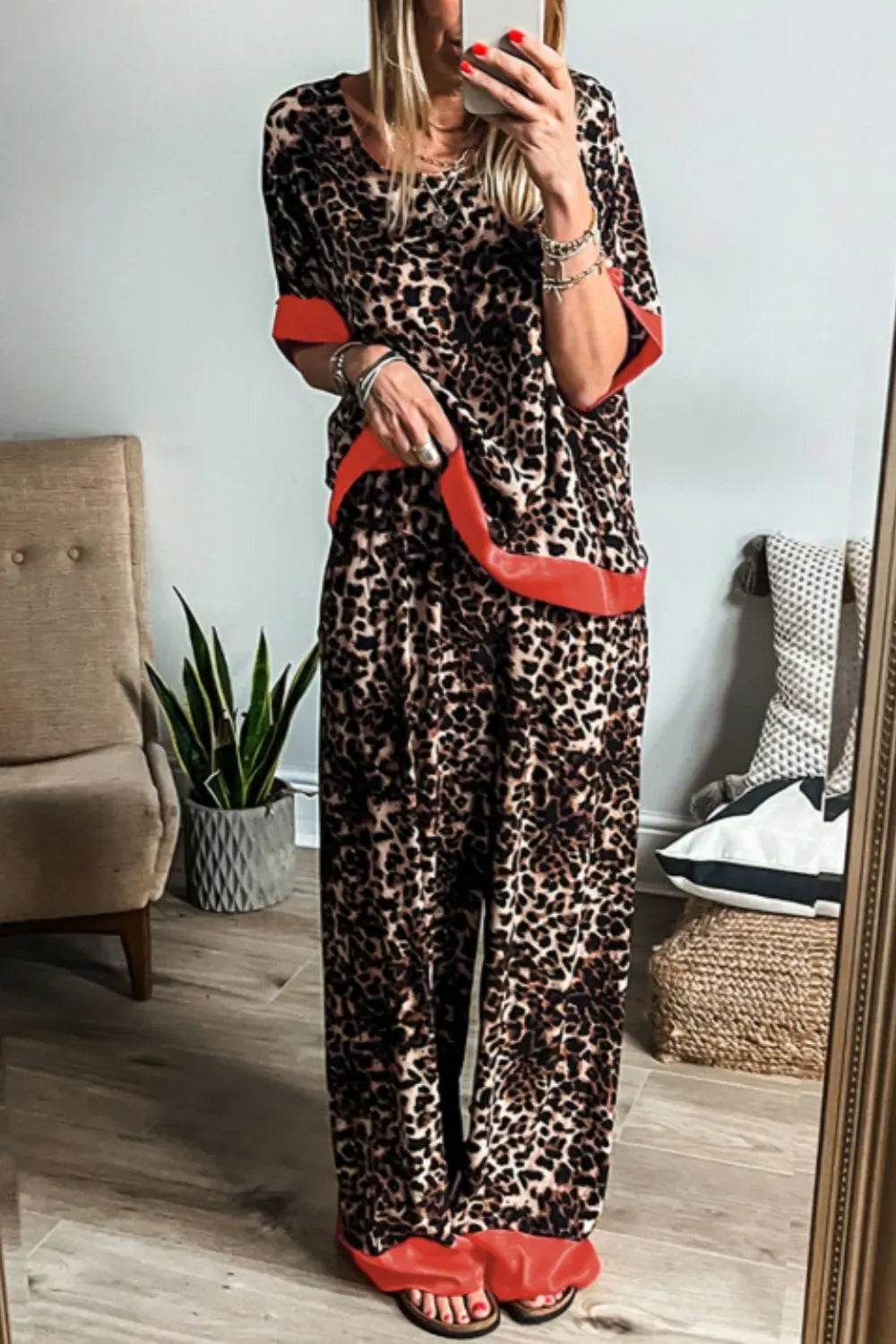 Fashorio Contrast Trim Leopard Round Neck Top and Pants Lounge Set