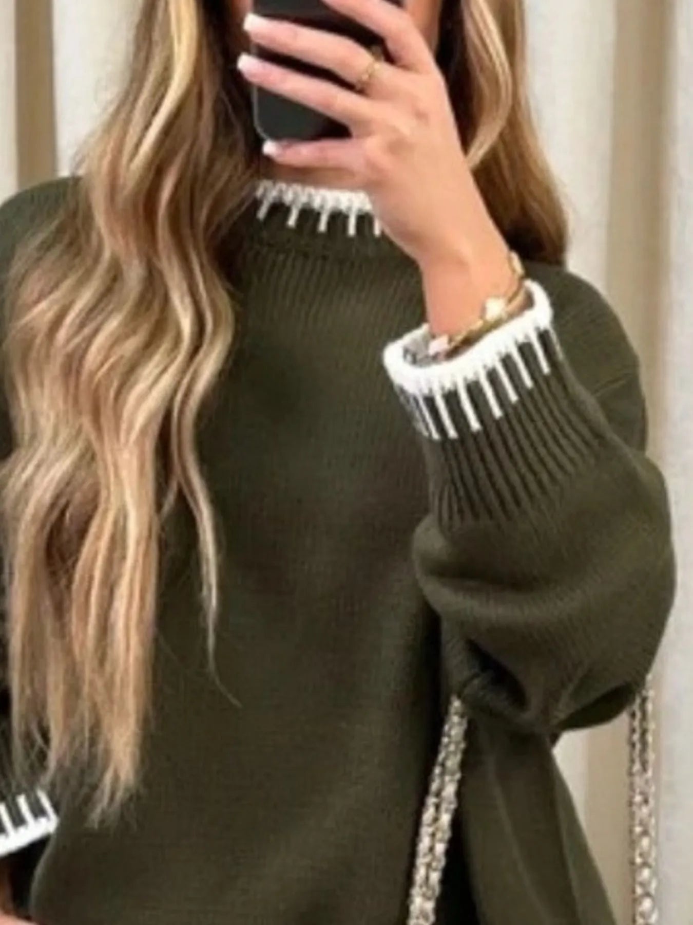 Fashorio Contrast Trim Round Neck Top and Pants Sweater Set