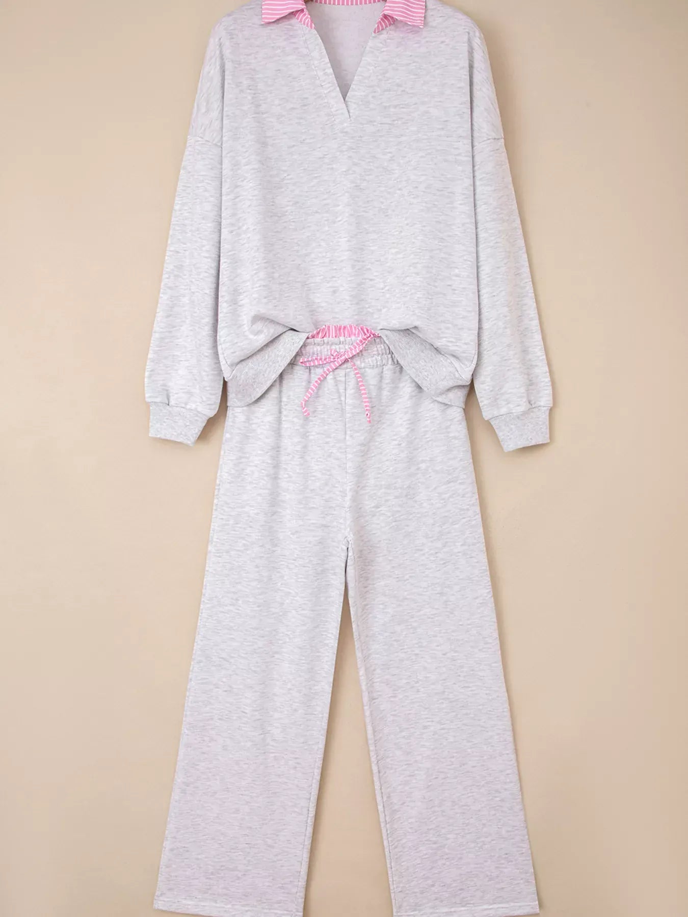 Fashorio Contrasted Trim Frilled Collar Drop Shoulder Top and Drawstring Pant Set