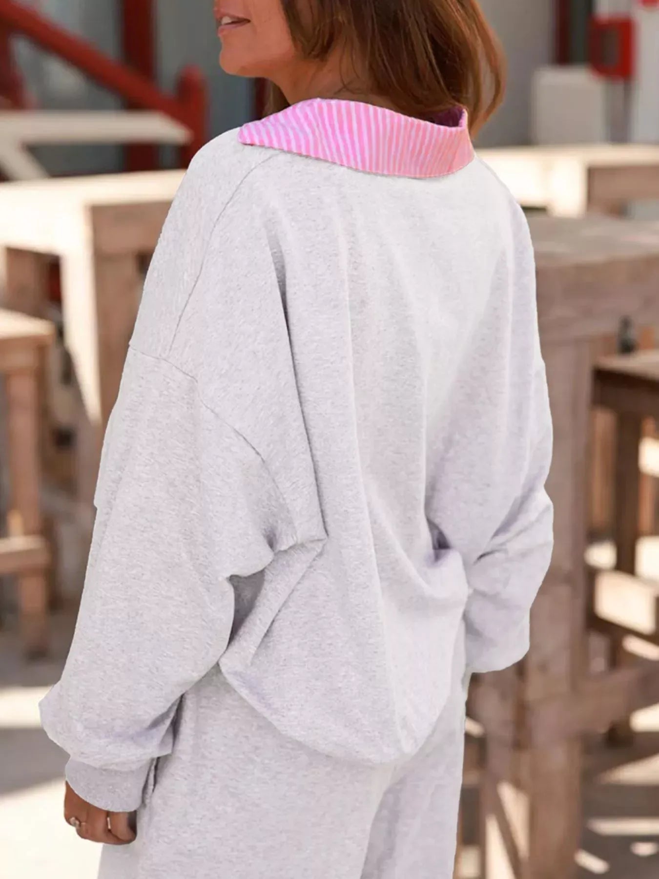 Fashorio Contrasted Trim Frilled Collar Drop Shoulder Top and Drawstring Pant Set