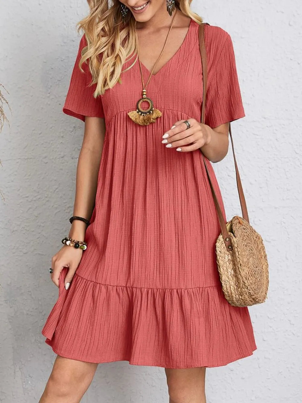 Fashorio Coral / S Full Size V-Neck Short Sleeve Dress