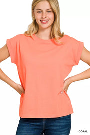Fashorio CORAL / S Zenana Round Neck Folded Short Sleeve T-Shirt