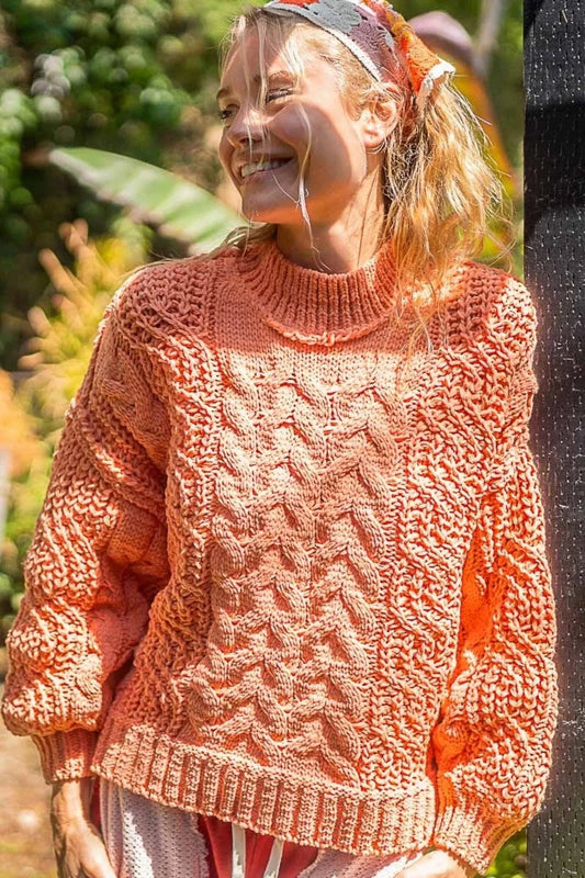 POL Mock Neck Cable Knit Sweater Coral Tangerine - Fashorio