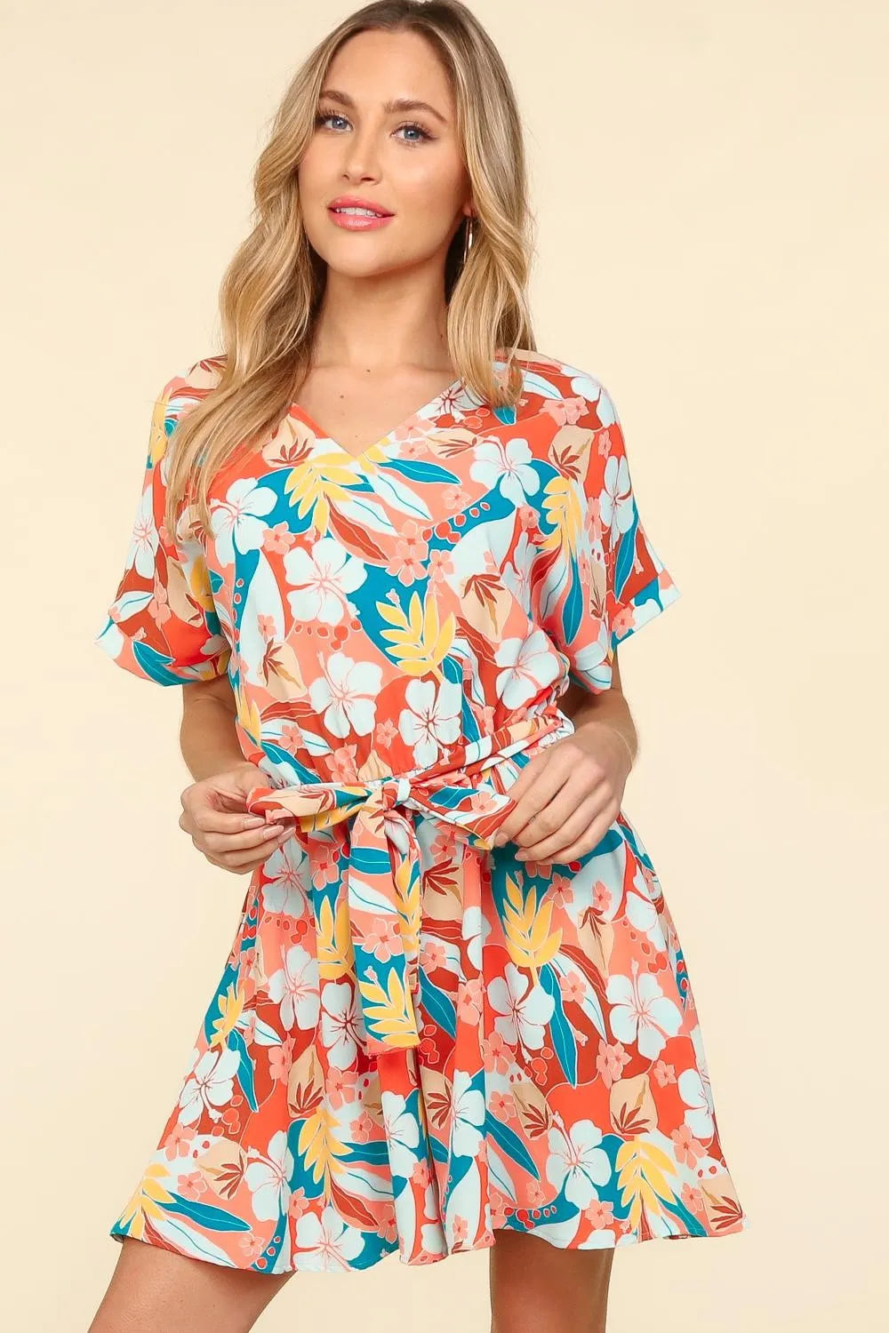 Fashorio Coral/Teal/Light Blue / S Haptics Tropical Floral Short Sleeve Tied Romper
