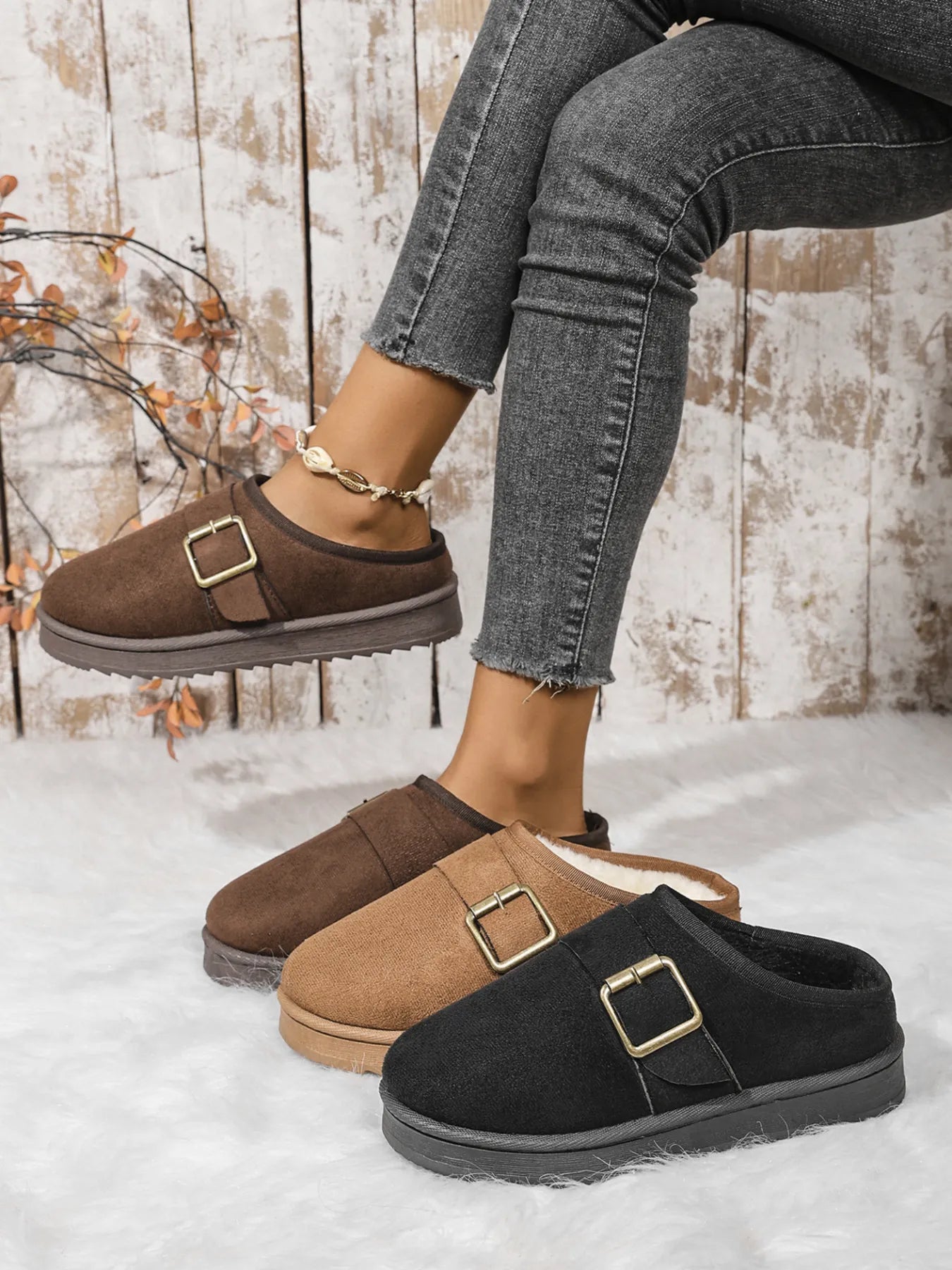 Fashorio Cozy Buckle Suede Winter Slippers
