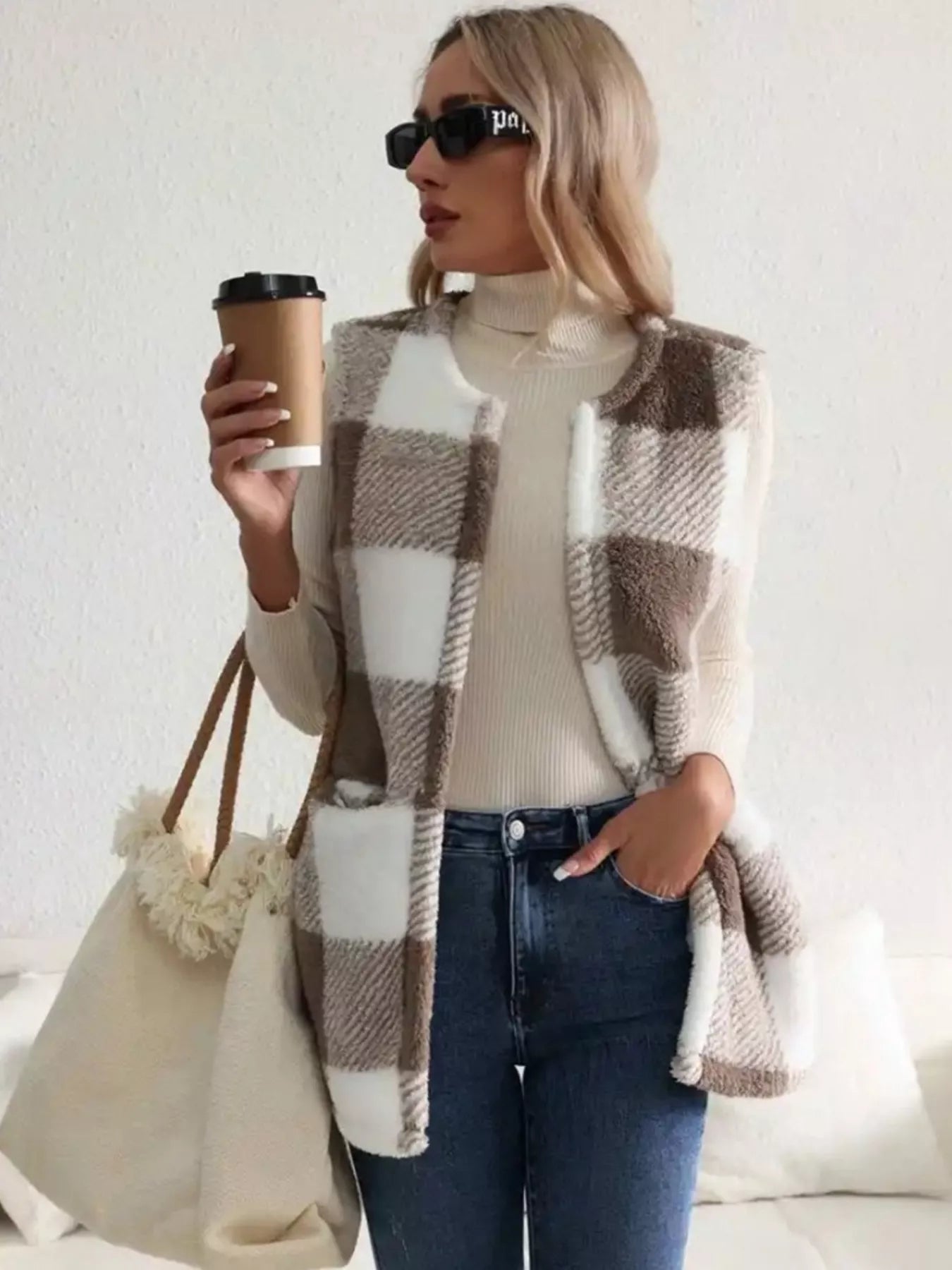 Fashorio Cozy Plaid Sherpa Vest Coat
