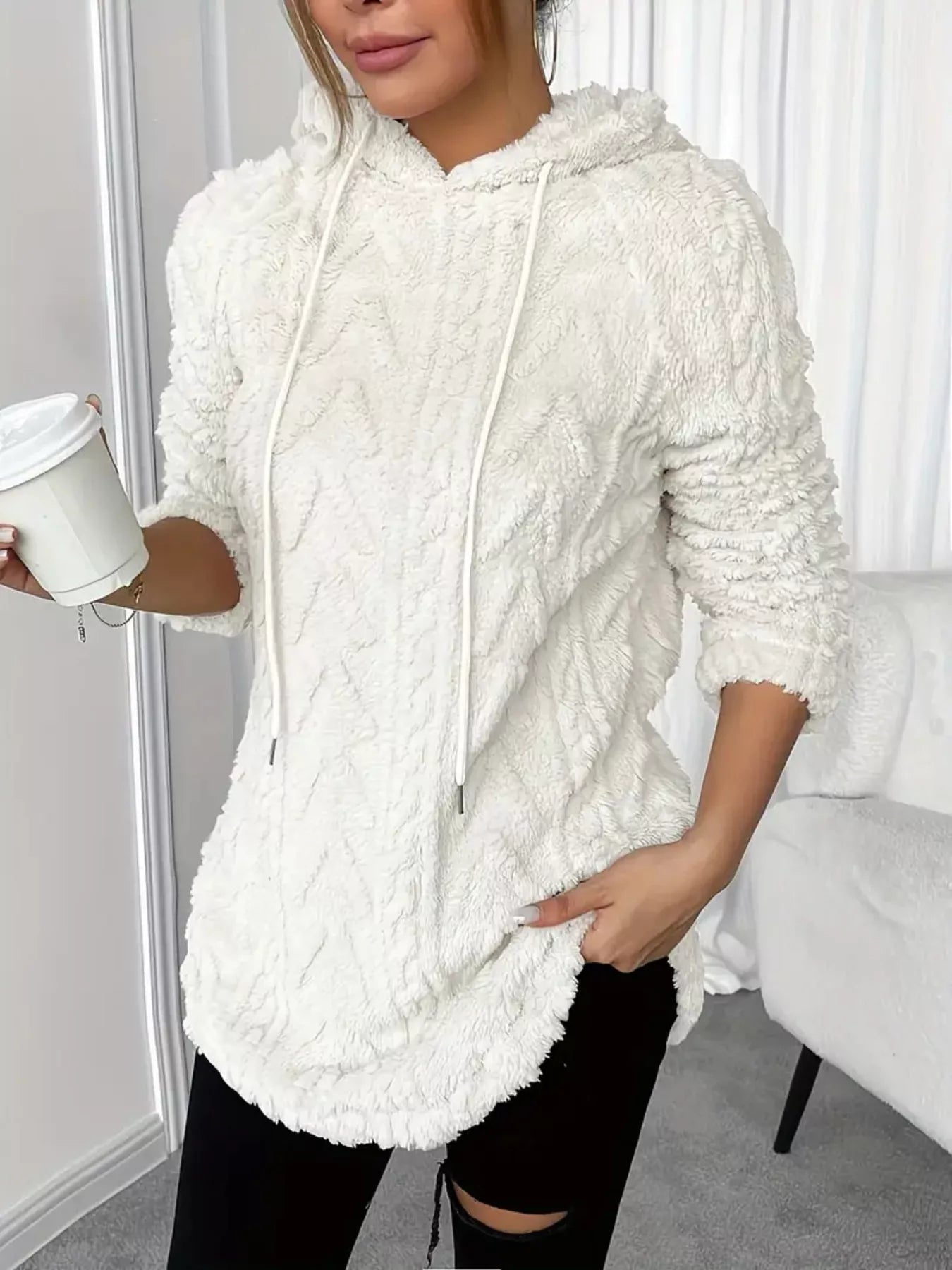 Fashorio Cozy Textured Drawstring Fleece Hoodie