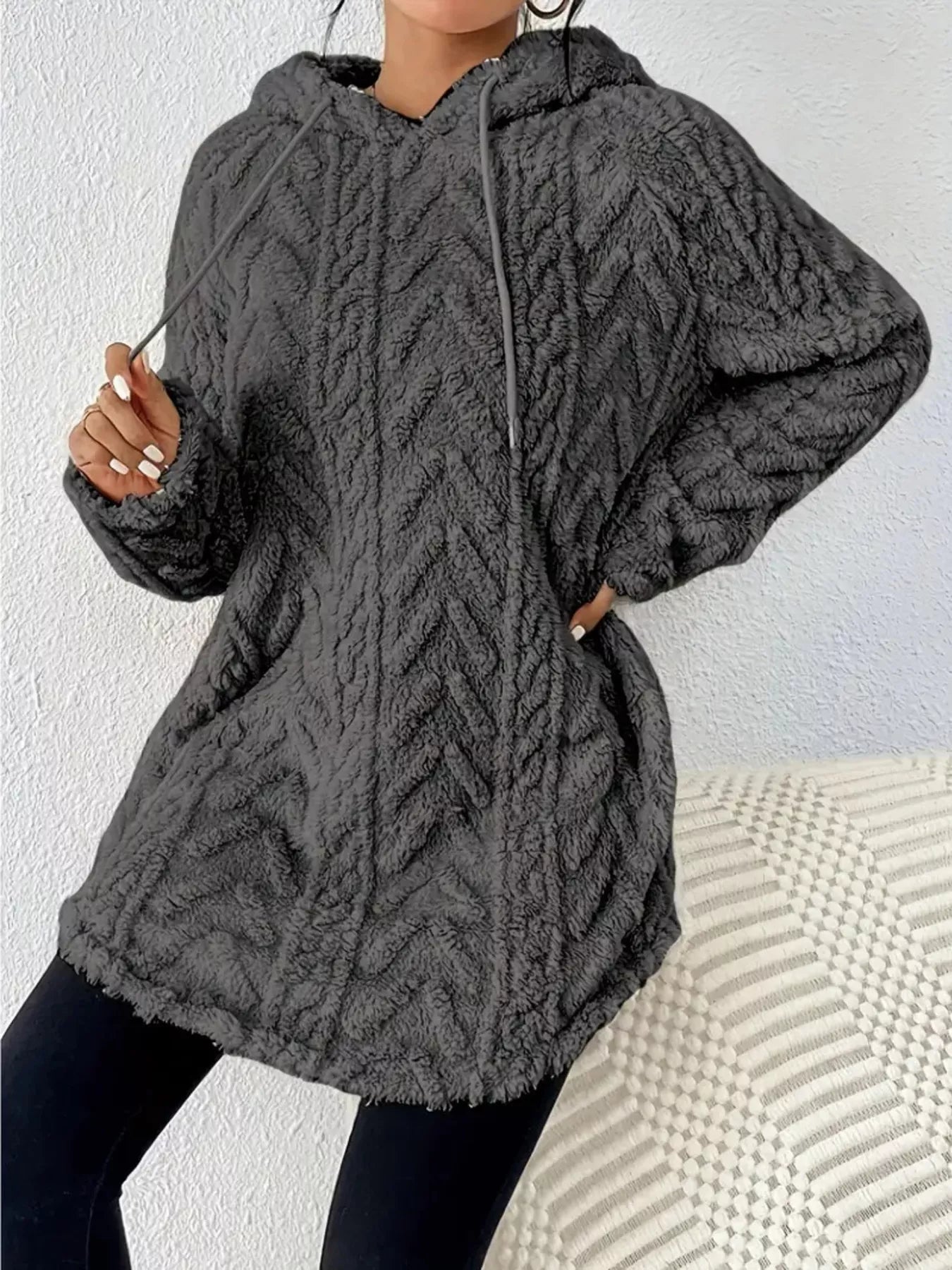 Fashorio Cozy Textured Drawstring Fleece Hoodie