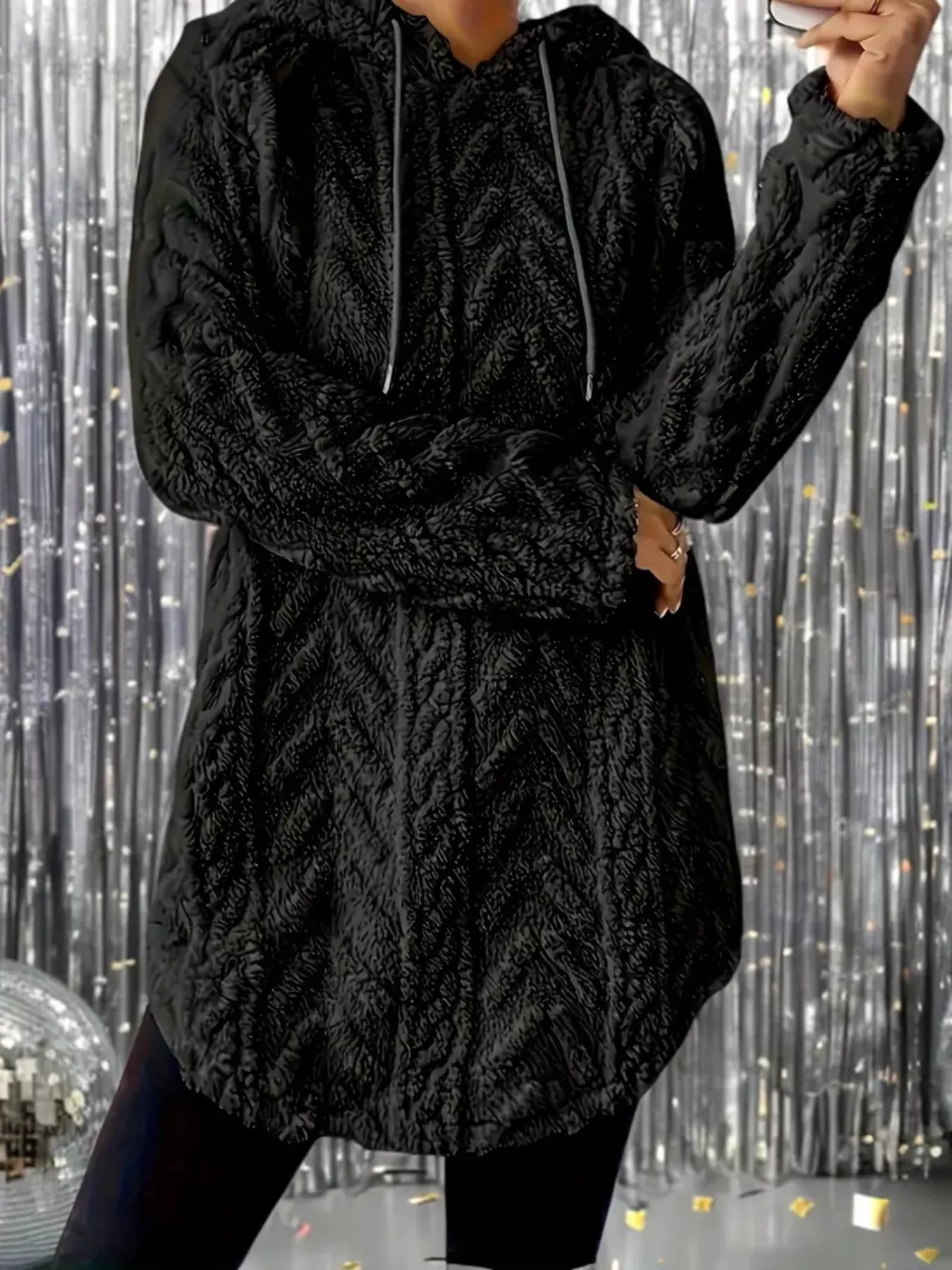 Fashorio Cozy Textured Drawstring Fleece Hoodie