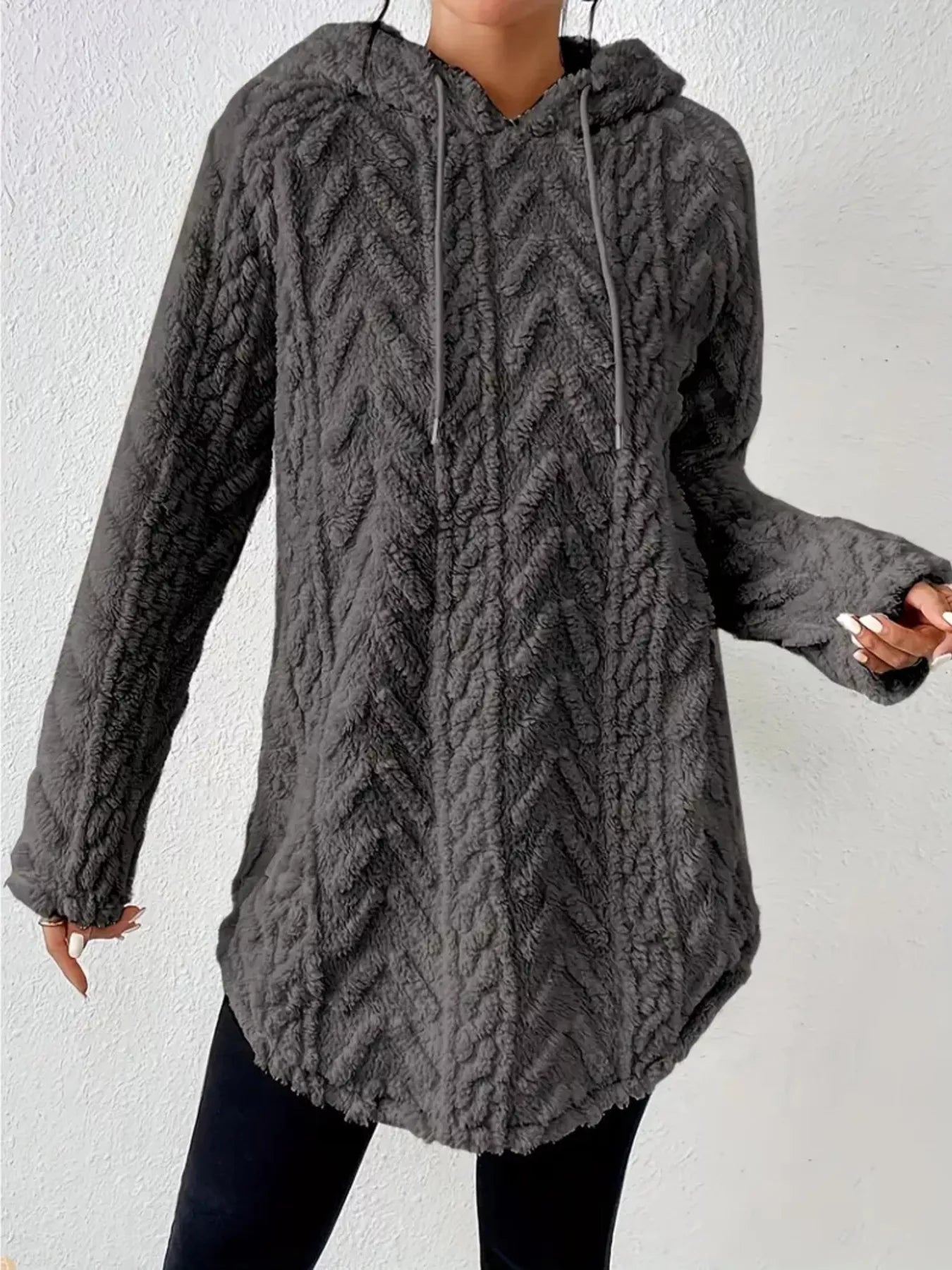 Fashorio Cozy Textured Drawstring Fleece Hoodie