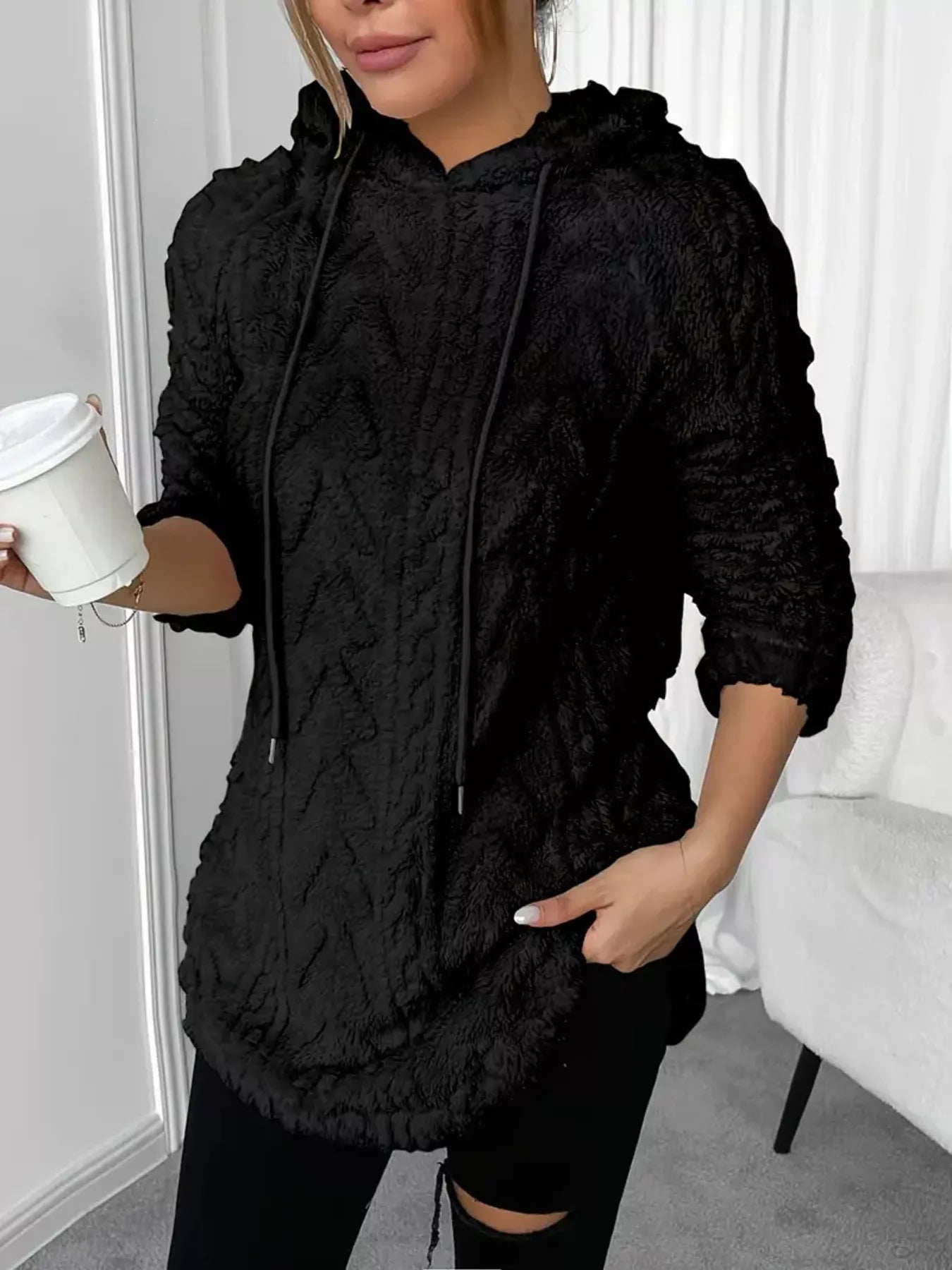 Fashorio Cozy Textured Drawstring Fleece Hoodie