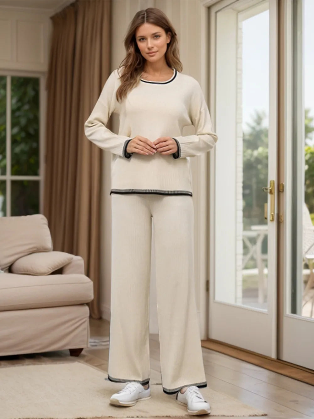 Fashorio Cream / One Size Contrast Trim Round Neck Top and Pants Sweater Set