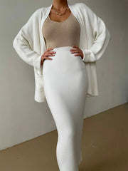 Fashorio Cream / One Size Pocketed Long Sleeve Cardigan and Skirt Sweater Set