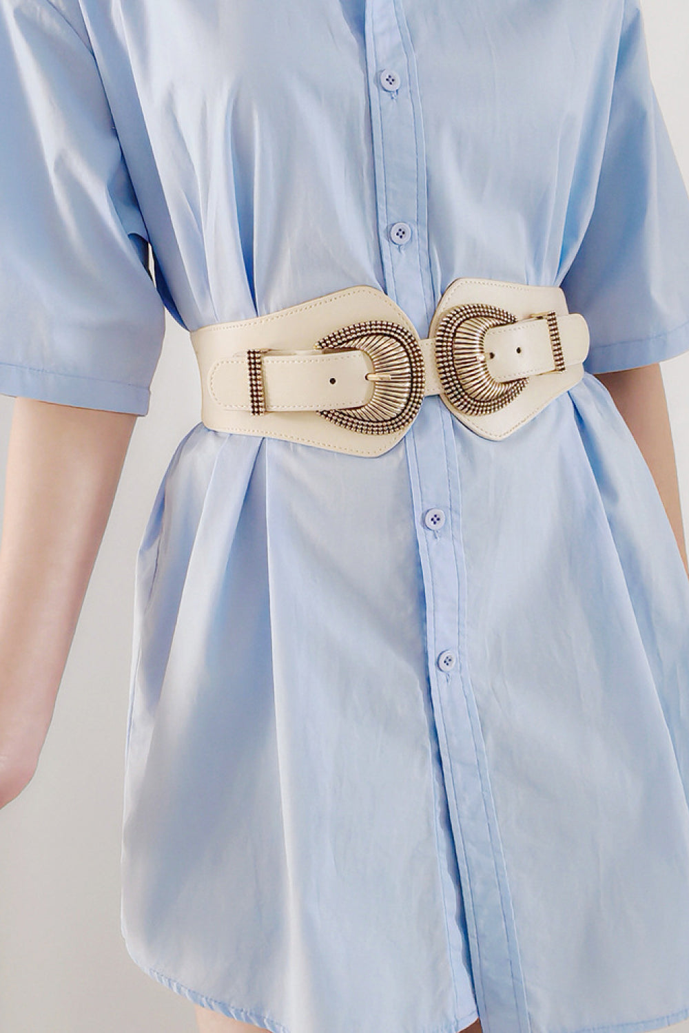 Fashorio Cream / One Size Shell Double Buckle Elastic Wide Belt