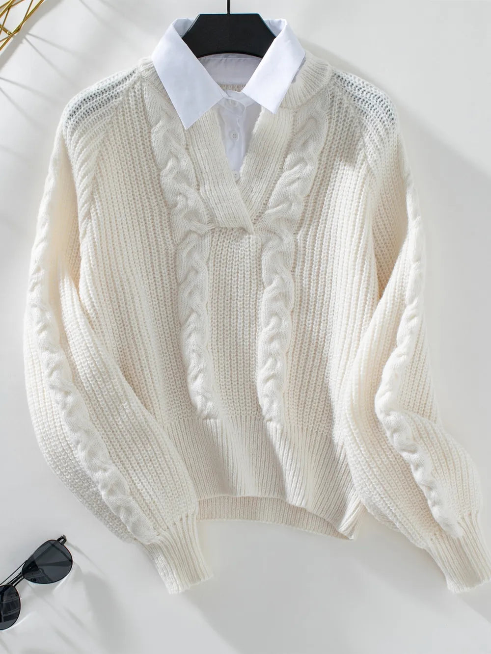 Fashorio Cream / S Cable-Knit Collared Neck Faux Layered Sweater