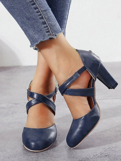Cross-Strap Block Heel Pumps - Fashorio