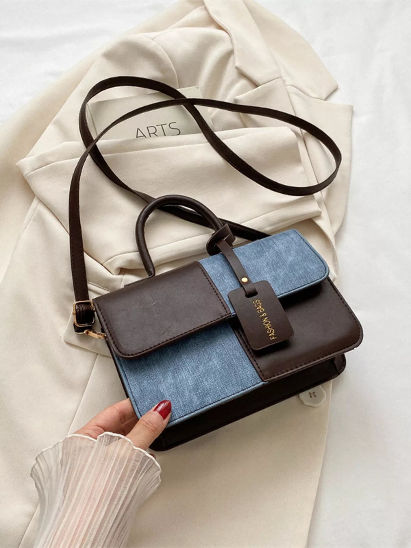 Fashorio Curry / onesize Two-Tone PU Leather Crossbody Bag