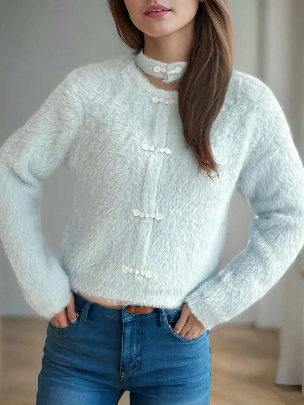 Fashorio Cutout Knot Button Long Sleeve Cardigan