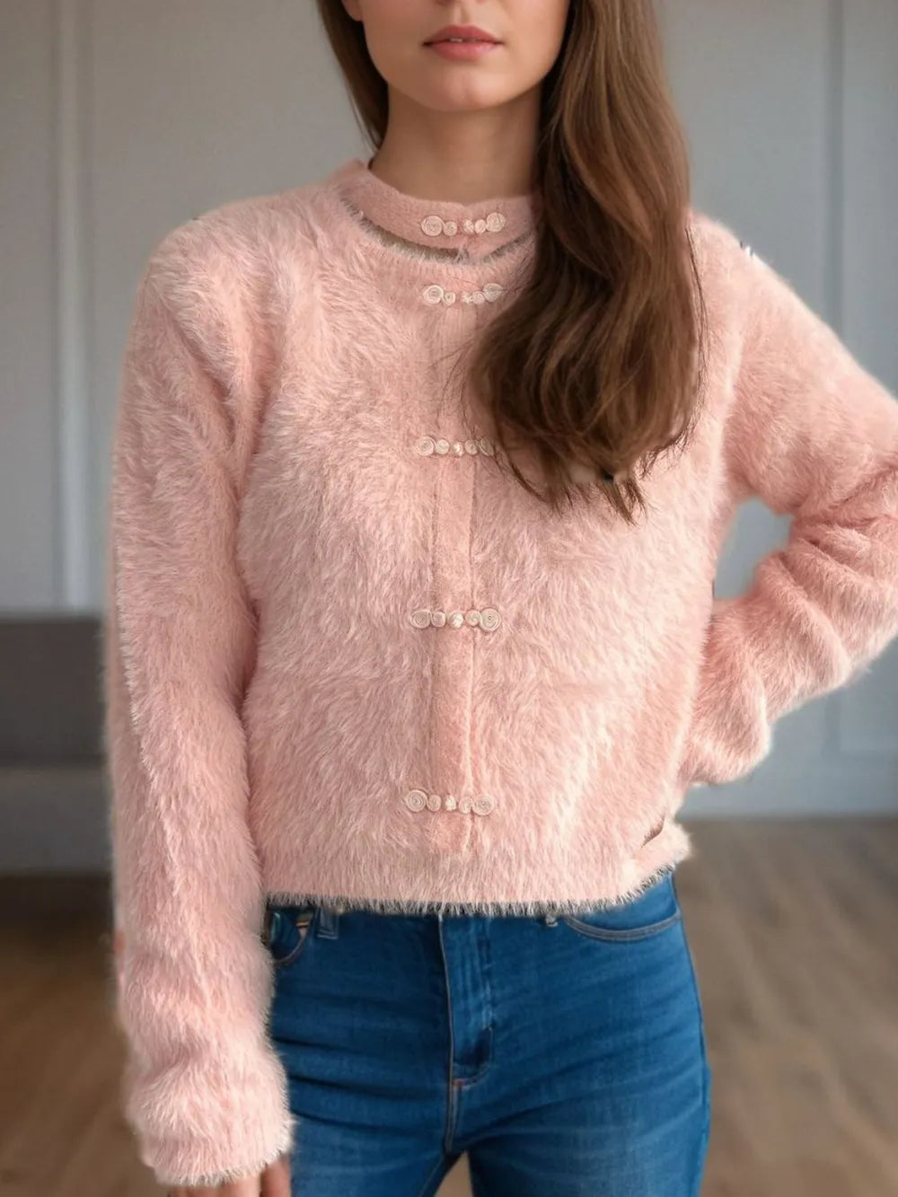 Fashorio Cutout Knot Button Long Sleeve Cardigan