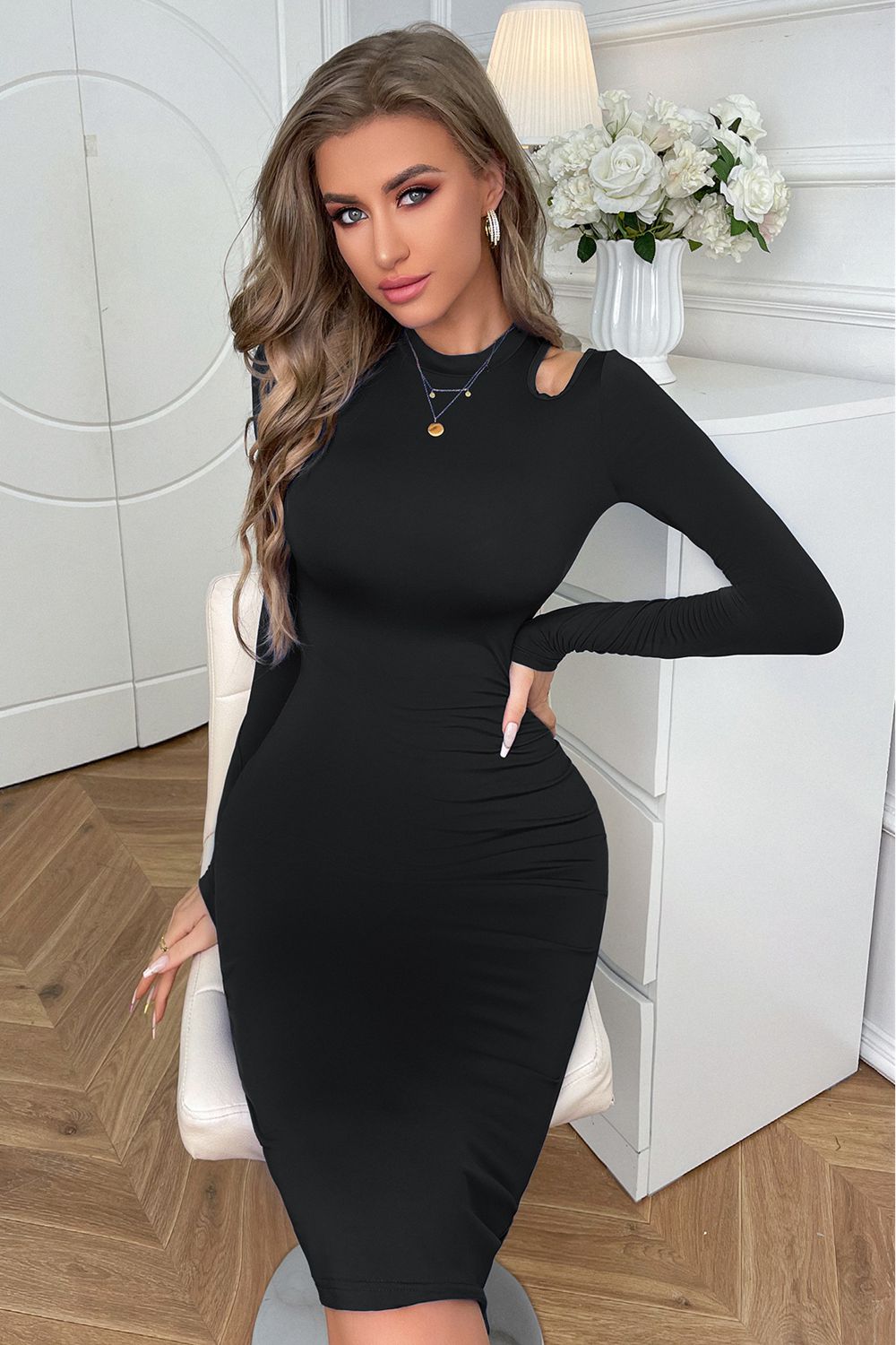 Fashorio Cutout Long Sleeve Pencil Dress – Sleek Knee-Length Style