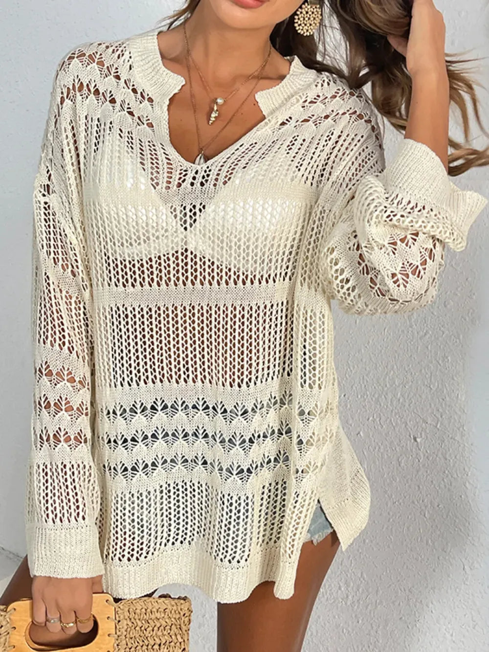 Fashorio Cutout Notched Long Sleeve Cover-Up