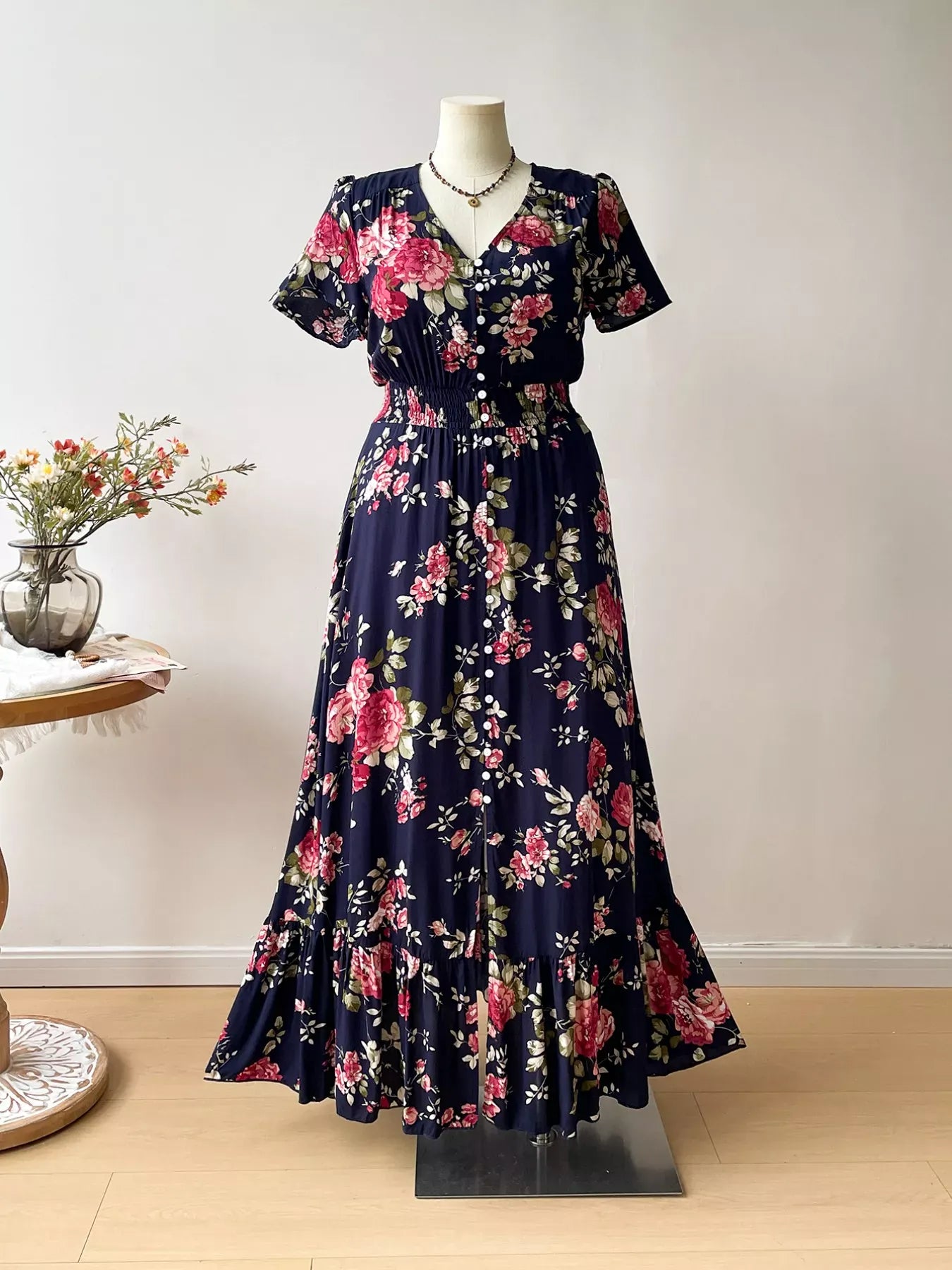 Fashorio Dark Blue / 0XL Plus Size Floral Print Short Sleeves V-Neck Dress