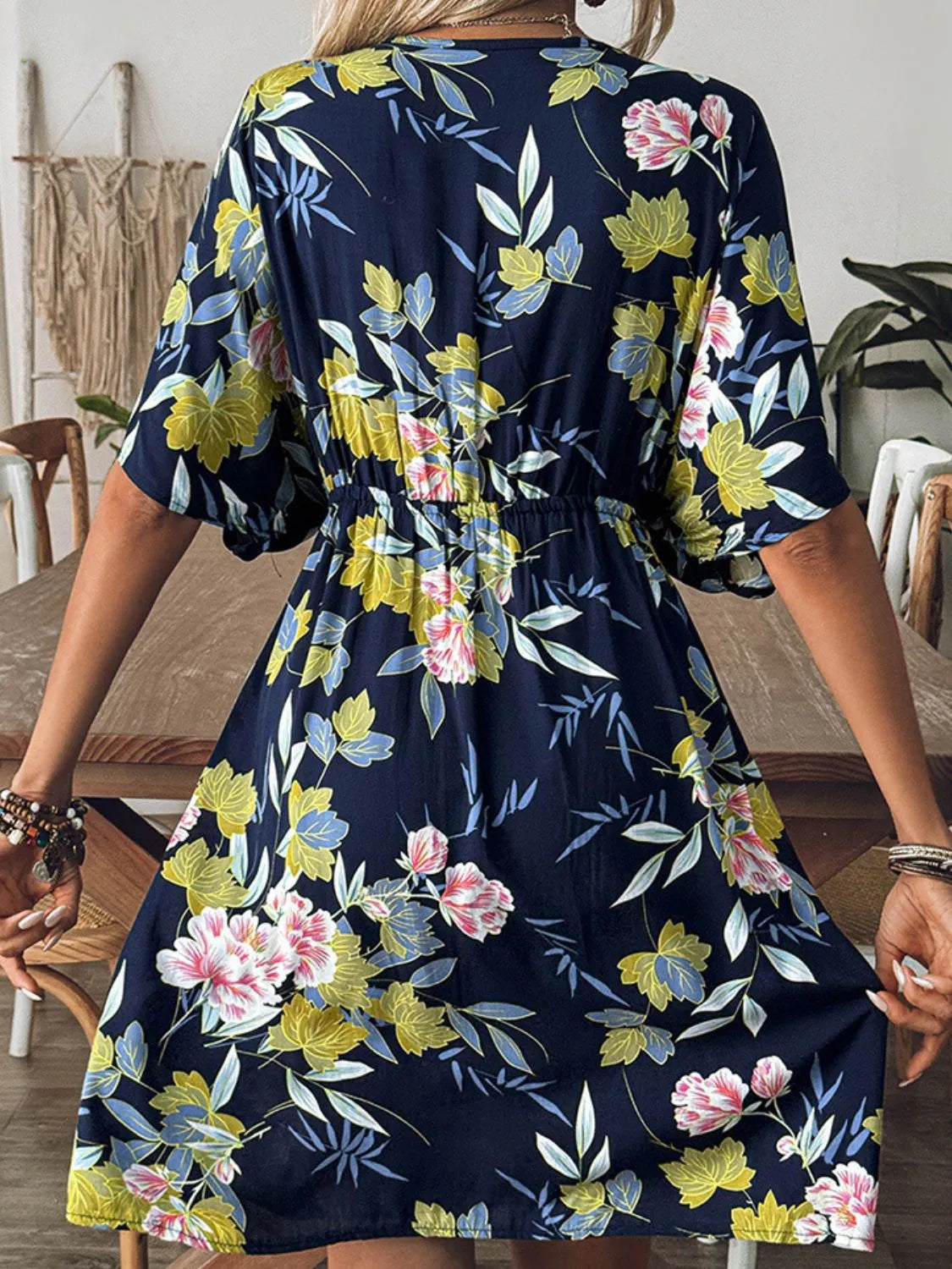 Fashorio Dark Blue / One Size Crochet Front V-Neck Printed Cover-Up