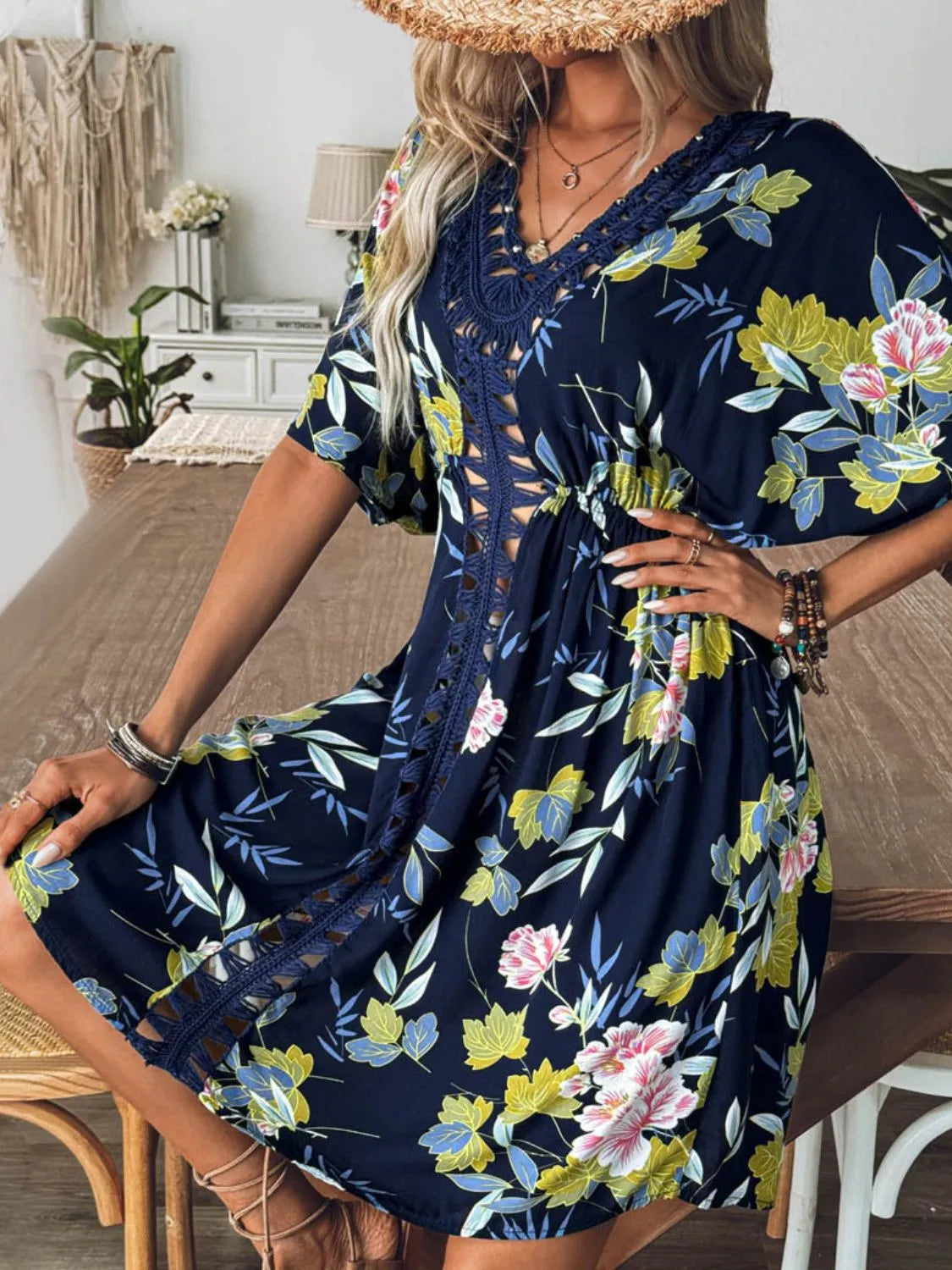 Fashorio Dark Blue / One Size Crochet Front V-Neck Printed Cover-Up