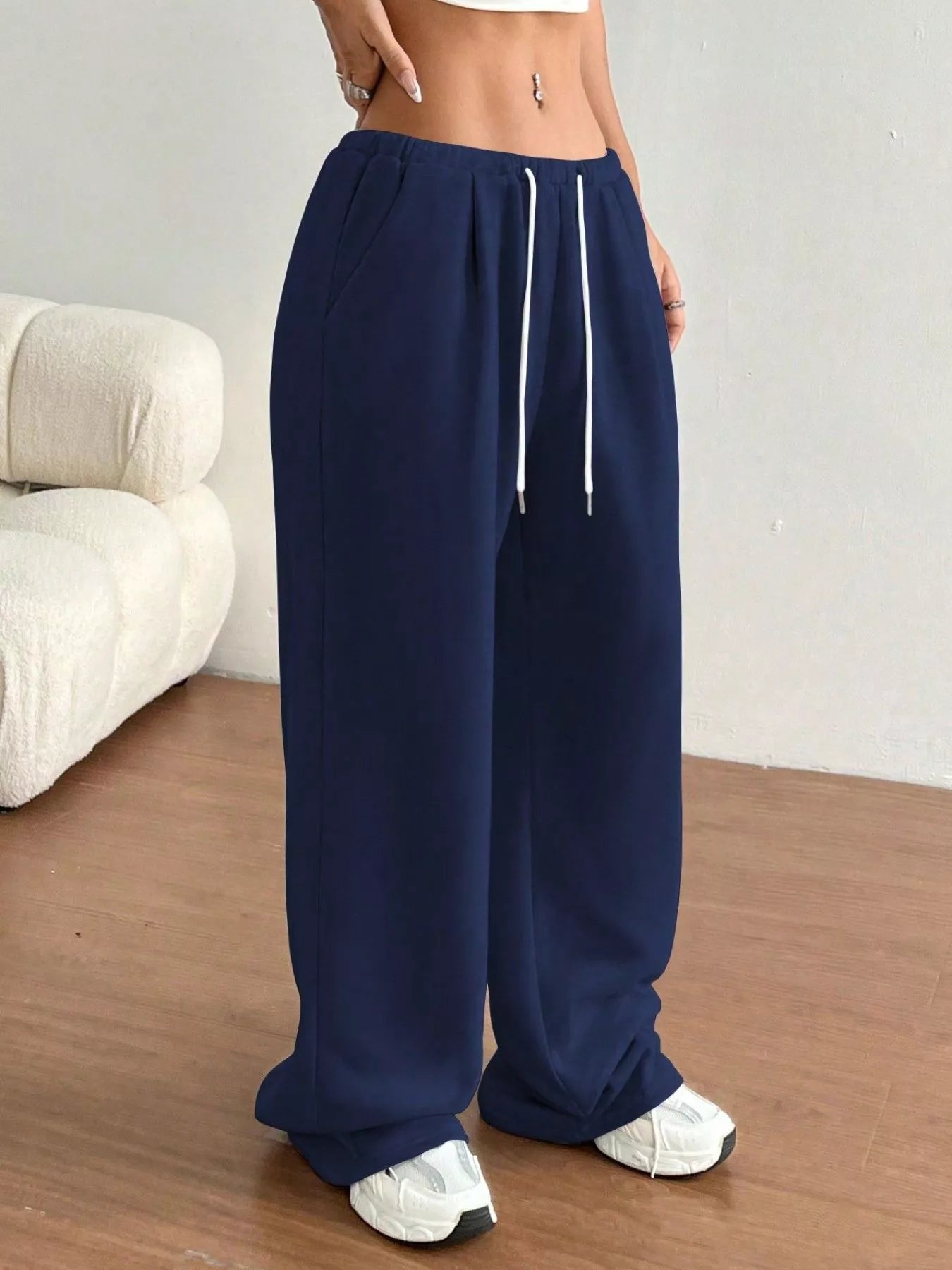 Fashorio Dark Blue / S Casual Drawstring High Waist Wide Leg Sweatpants