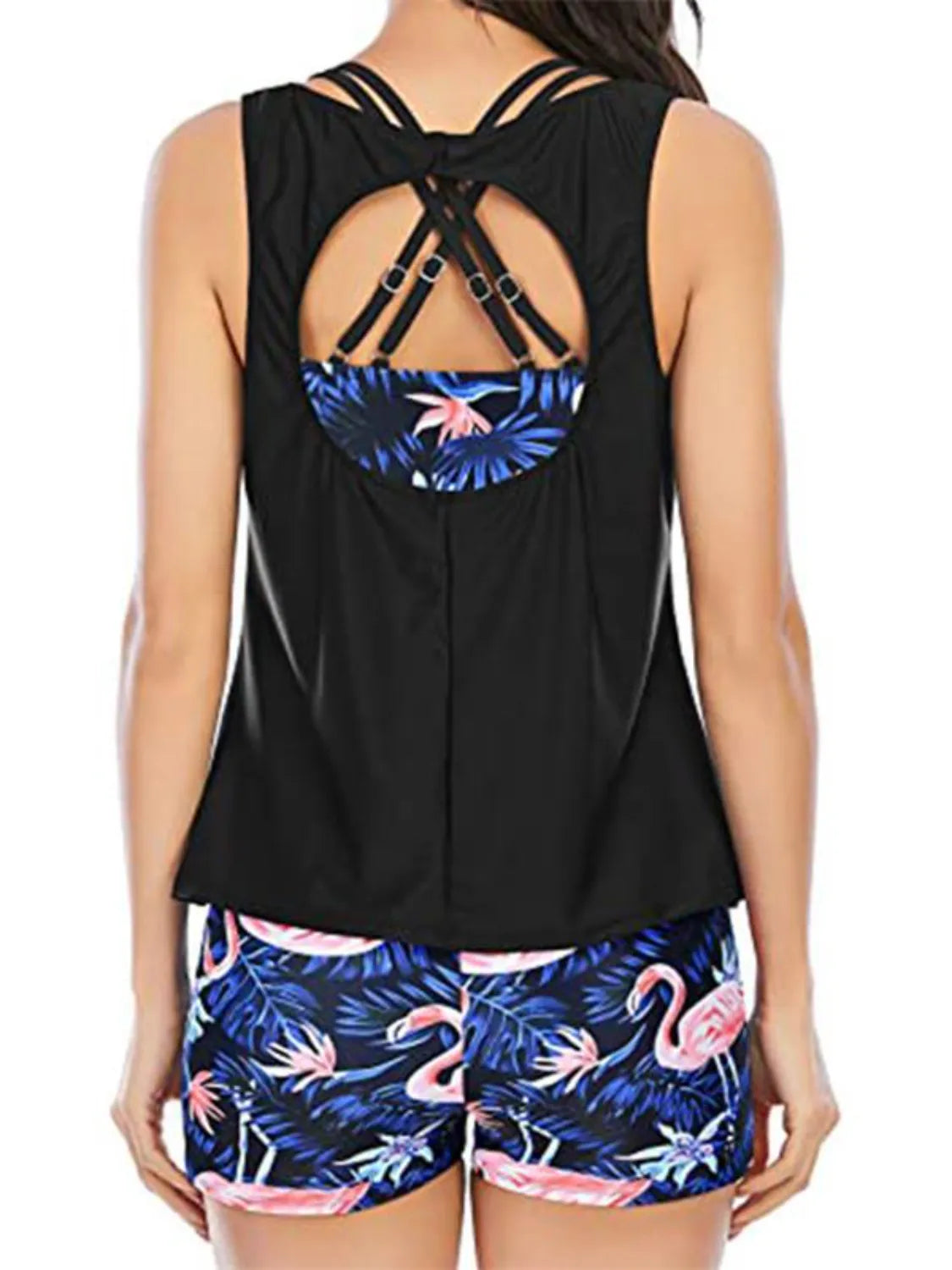 Fashorio Dark Blue / S Cutout Printed Round Neck Three-Piece Swim Set
