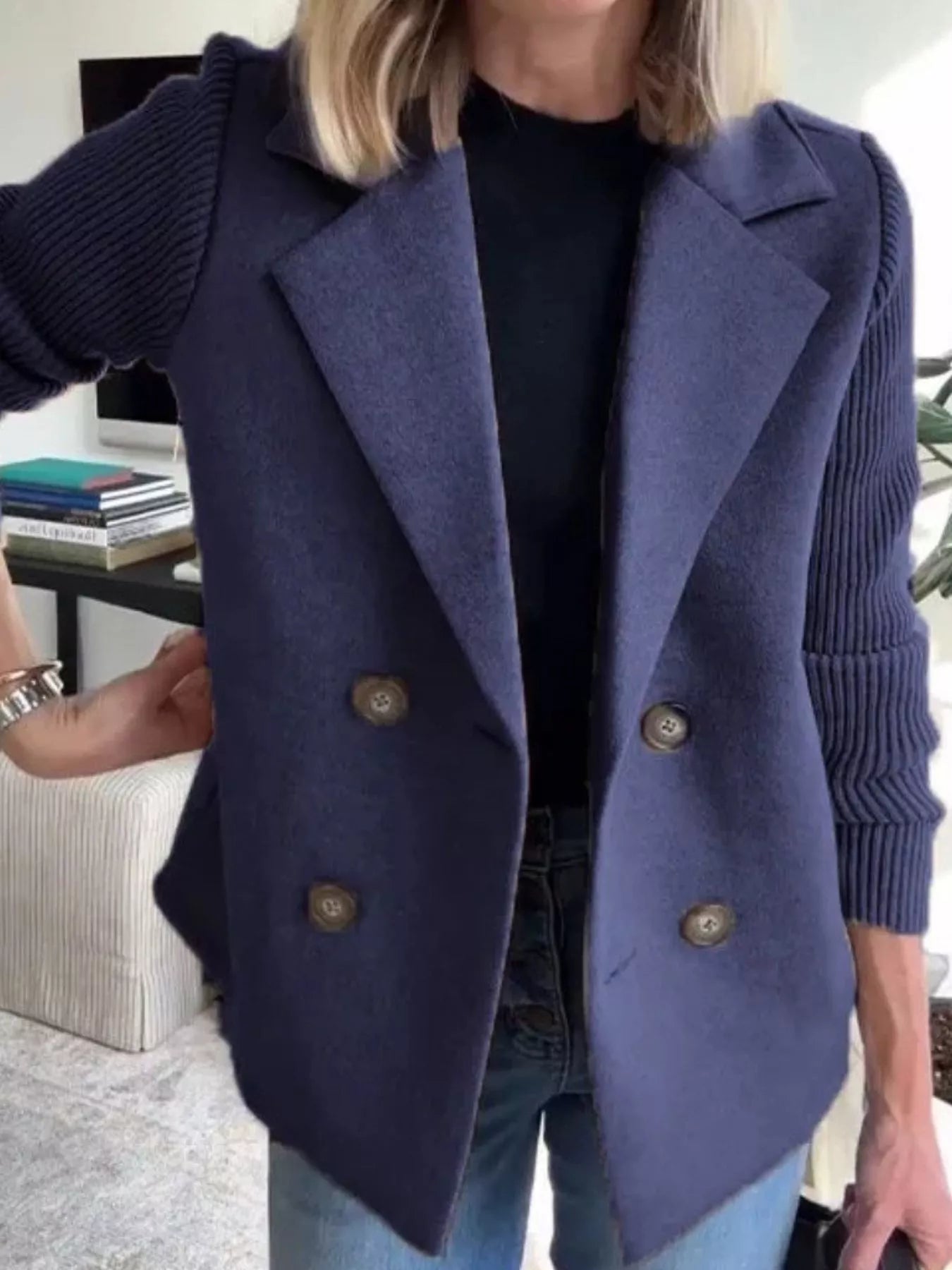 Fashorio Dark Blue / S Full Size Knit Sleeve Double-Breasted Outerwear Plus Size