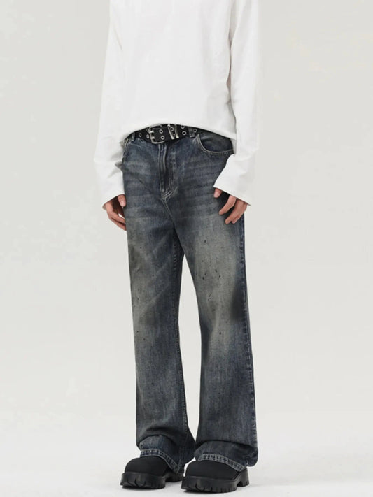 Men's Vintage Distressed Wide Leg Jeans Dark Blue - Fashorio