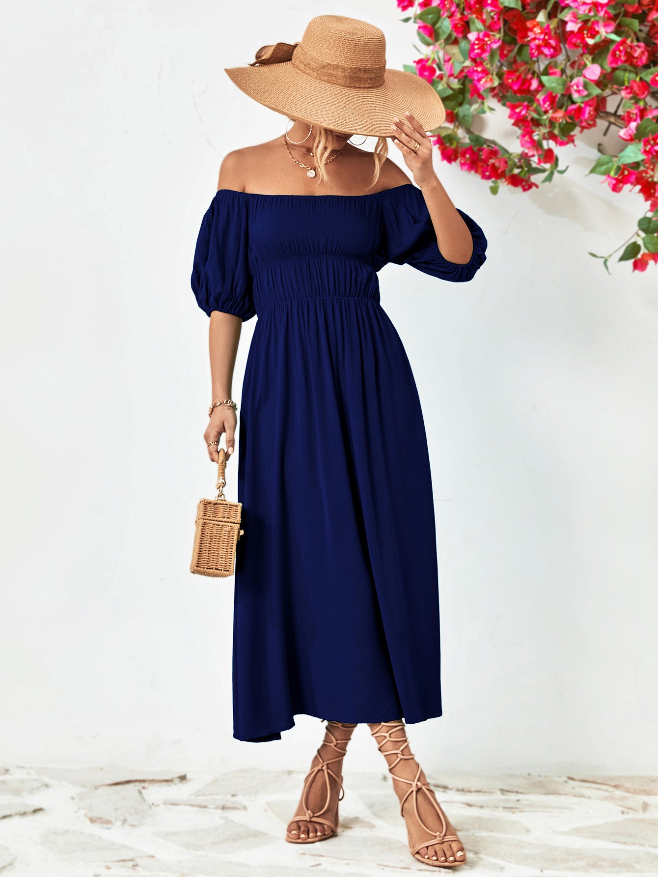 Fashorio Dark Blue / S Off-Shoulder Balloon Sleeve A-Line Midi Dress
