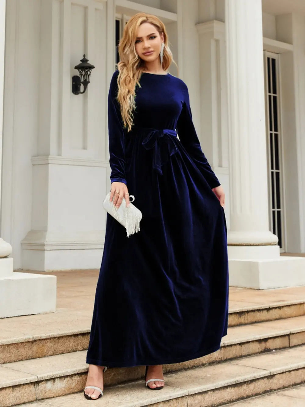 Fashorio Dark Blue / S Tie Front Round Neck Long Sleeve Maxi Dress