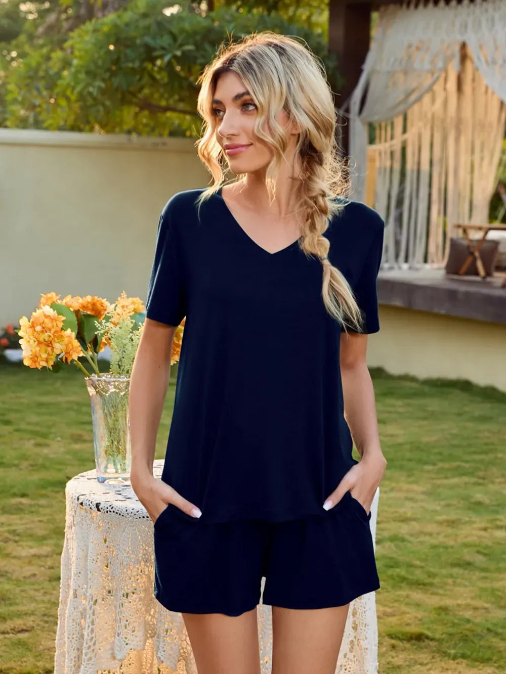 Fashorio Dark Blue / S V-Neck Short Sleeve Top and Pocketed Shorts Lounge Set