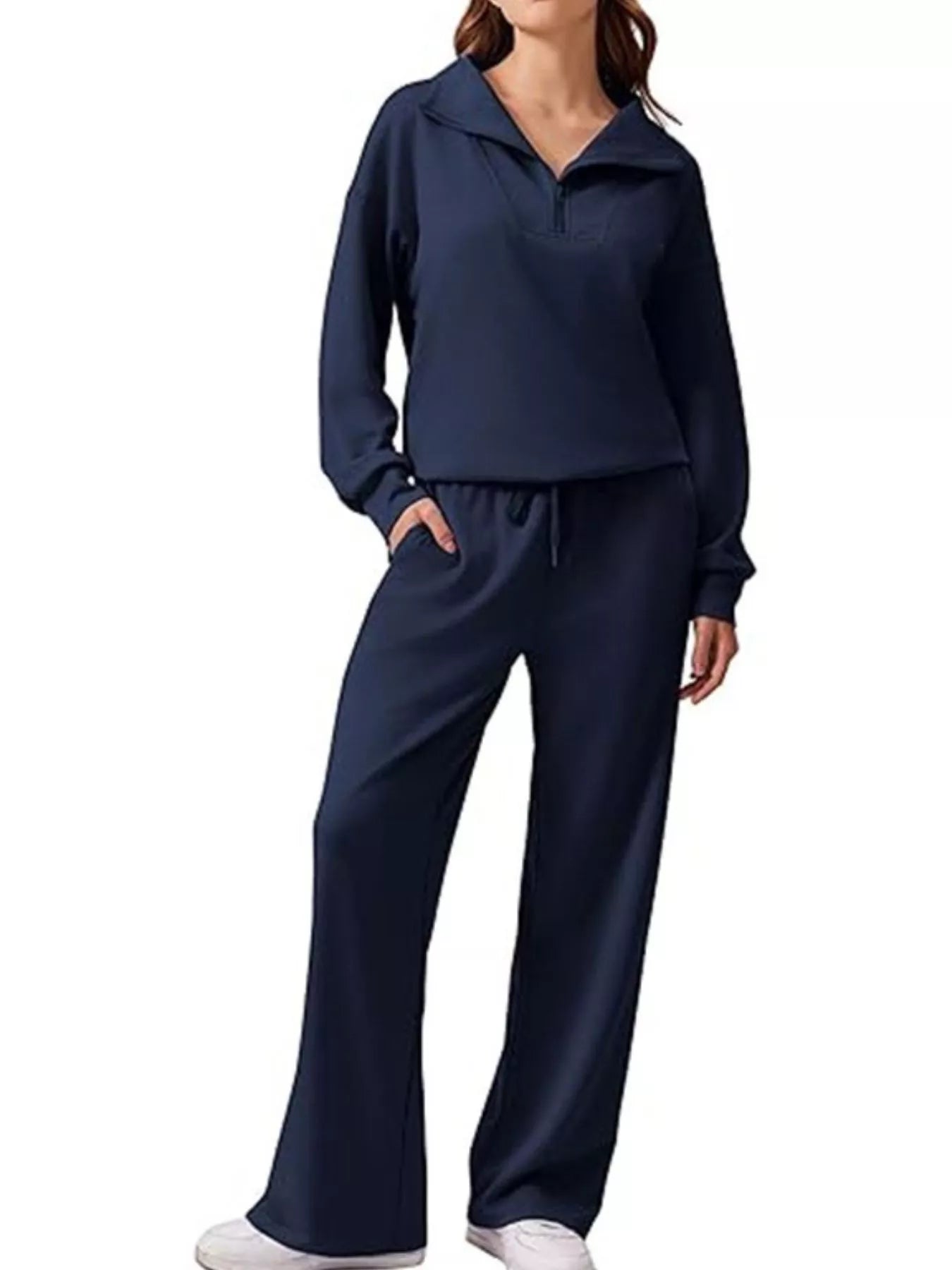 Fashorio Dark Blue / S Zip Collar Dropped Shoulder Top and Pants Set