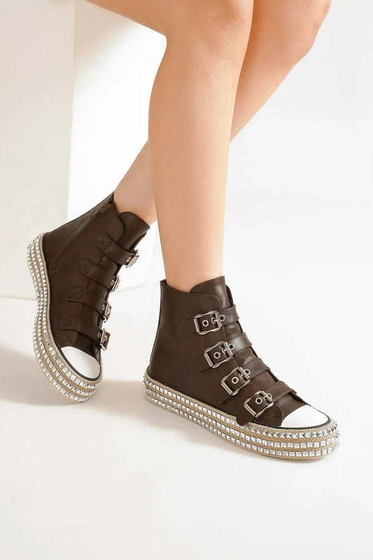 Beast Fashion Multi-Buckle Straps Studded Platform Sneakers Dark Brown - Fashorio